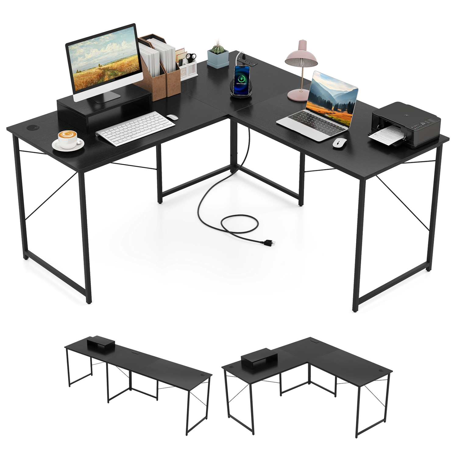 Gymax L-Shaped Reversible Computer Desk 2-Person Long Table w/Monitor Stand