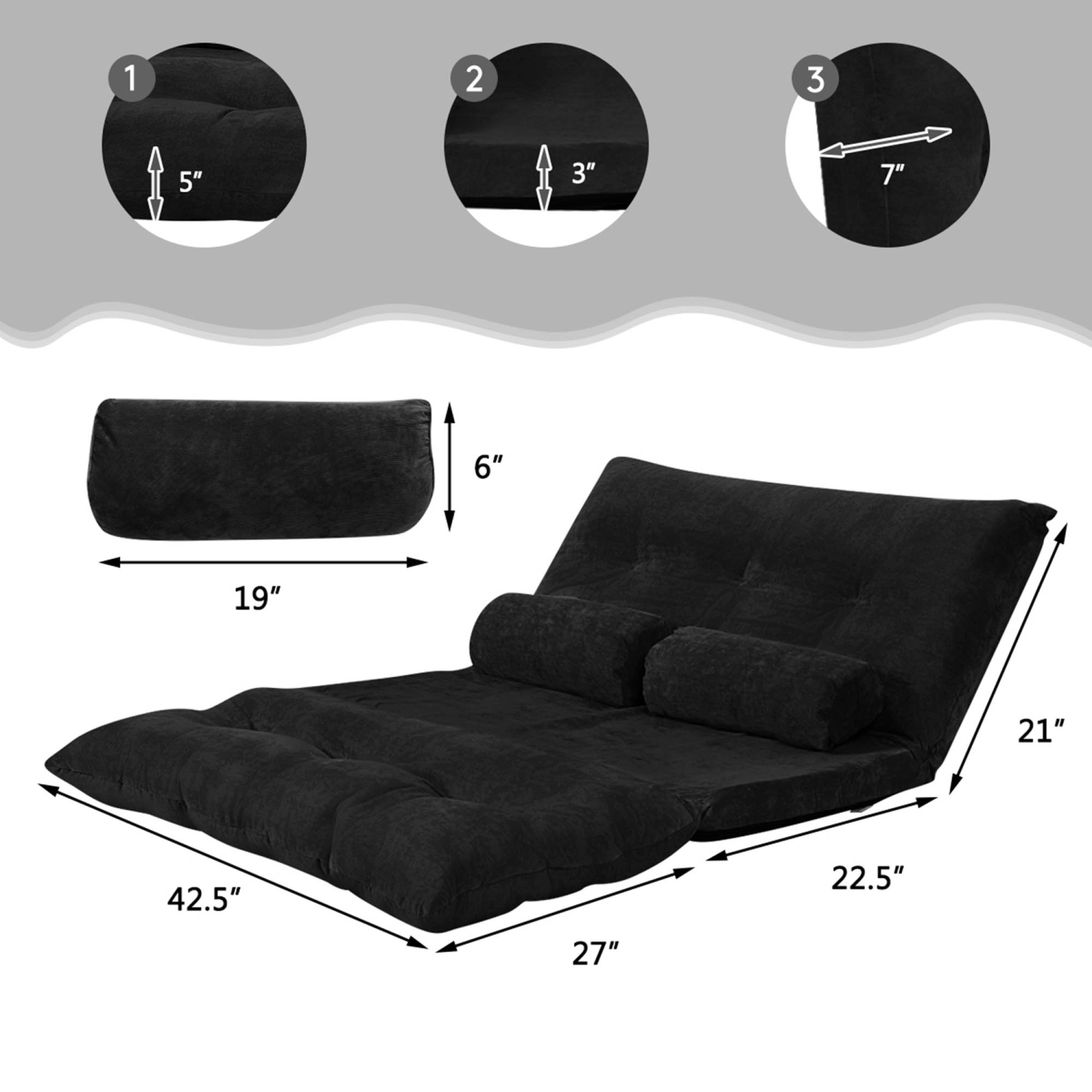 Gymax Floor Sofa Bed 6-Position Adjustable Sleeper Lounge Couch with 2 Pillows