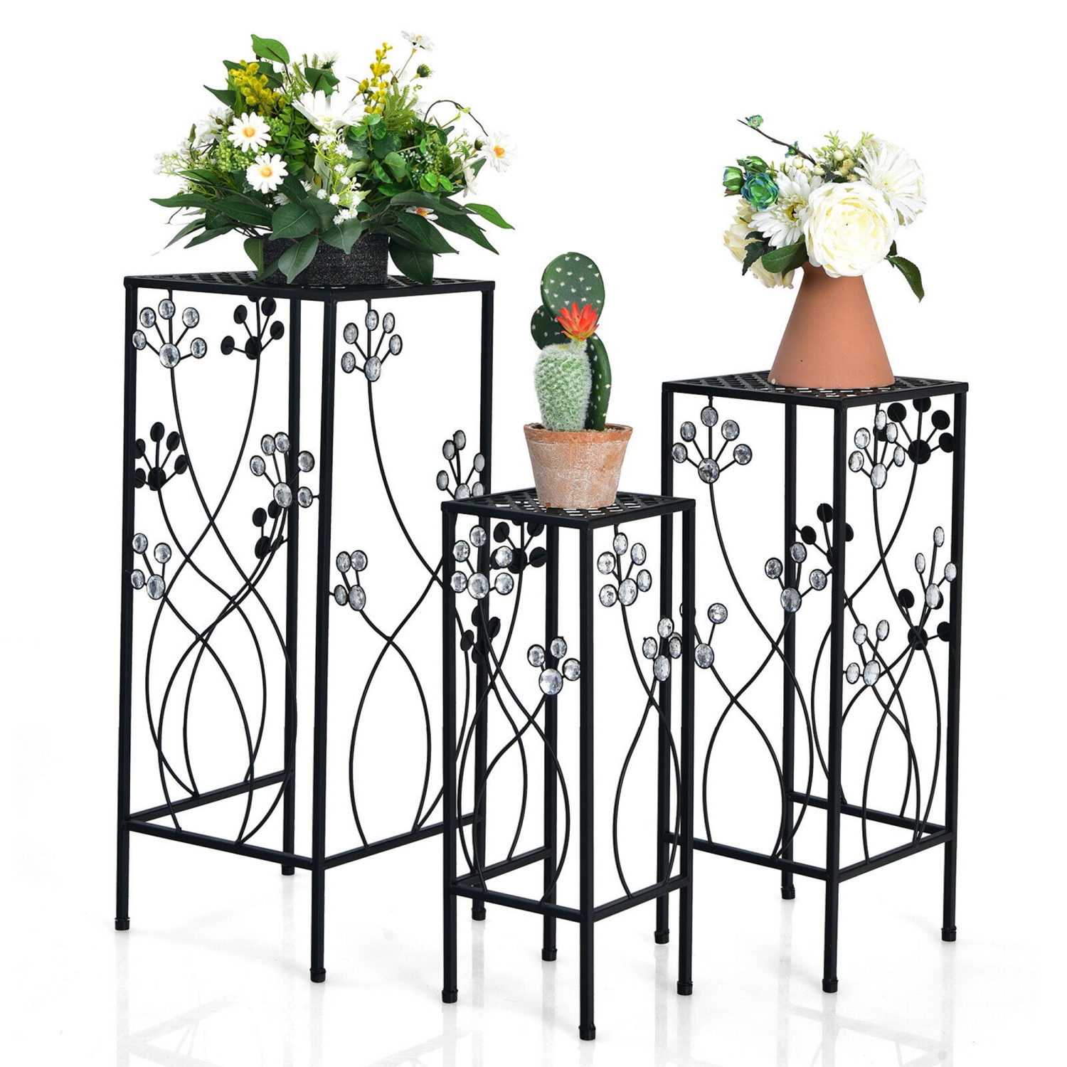 Gymax 3 Pcs Metal Plant Stand Set Plant Pot Holder w/Crystal Floral Accents Square