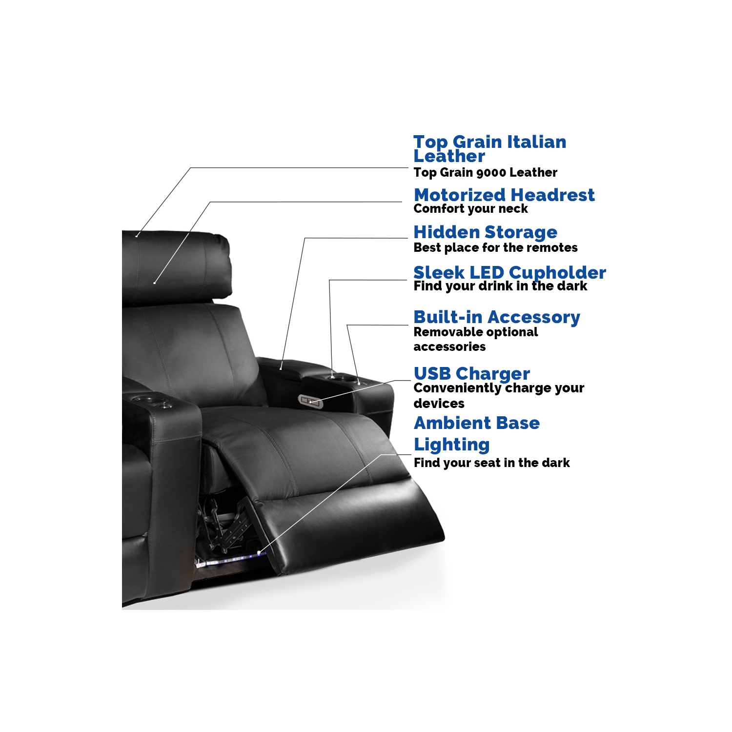 Fauteuil de cinéma maison Valencia Piacenza | Cuir Nappa 9000 de qualité supérieure, inclinaison électrique, appuie-tête électrique, éclairage LED