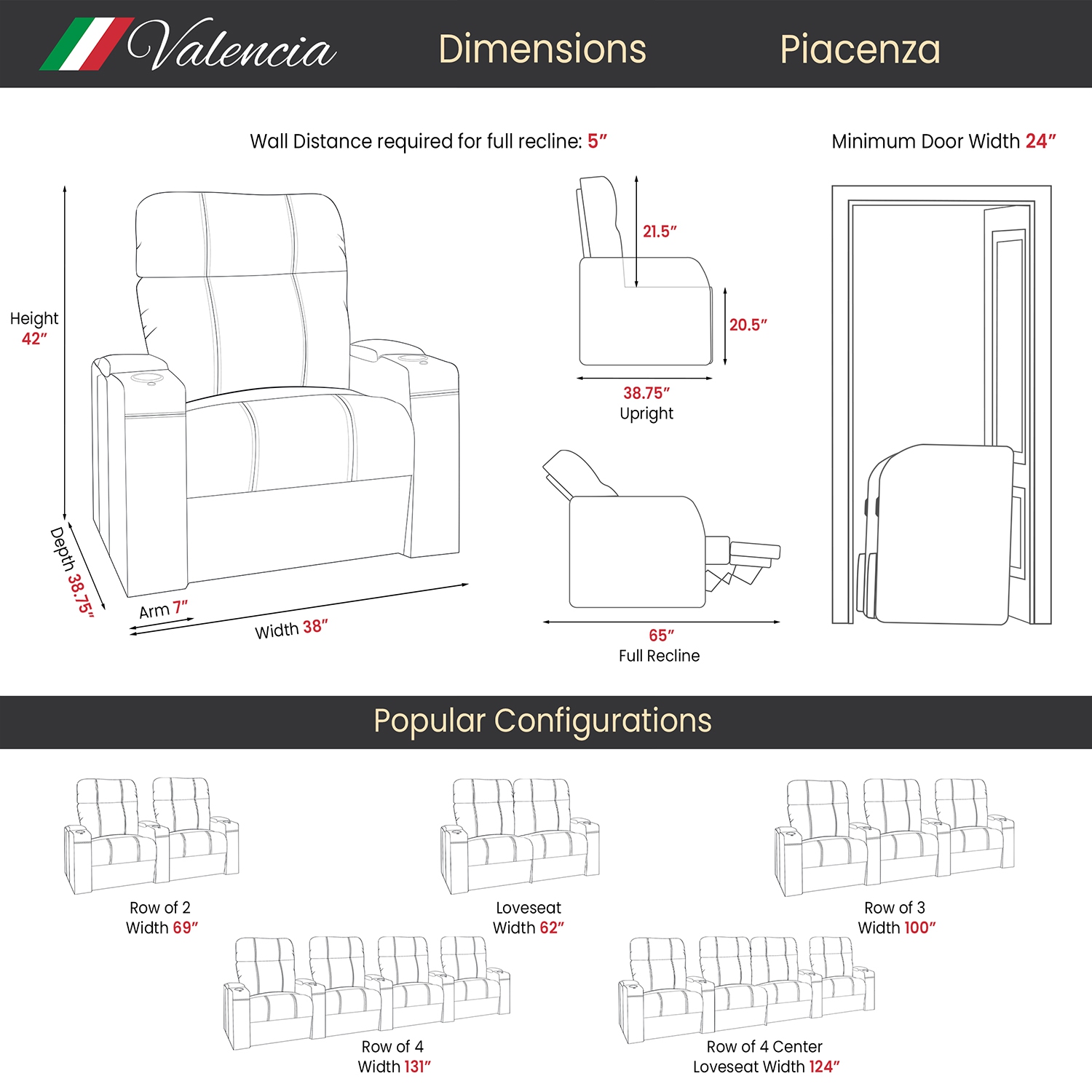 Fauteuil de cinéma maison Valencia Piacenza | Cuir Nappa 9000 de qualité supérieure, inclinaison électrique, appuie-tête électrique, éclairage LED