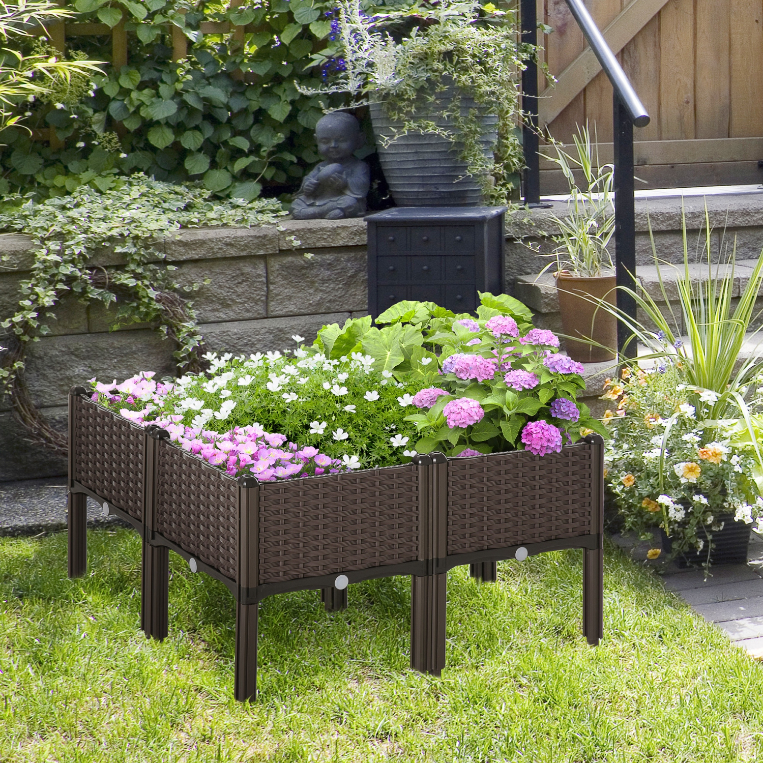 Outsunny 4-piece Raised Garden Bed, 15.7" x 15.7" x 17.3" PP Raised Flower Bed Plant Stand Stackable Vegetable Herb Grow Box