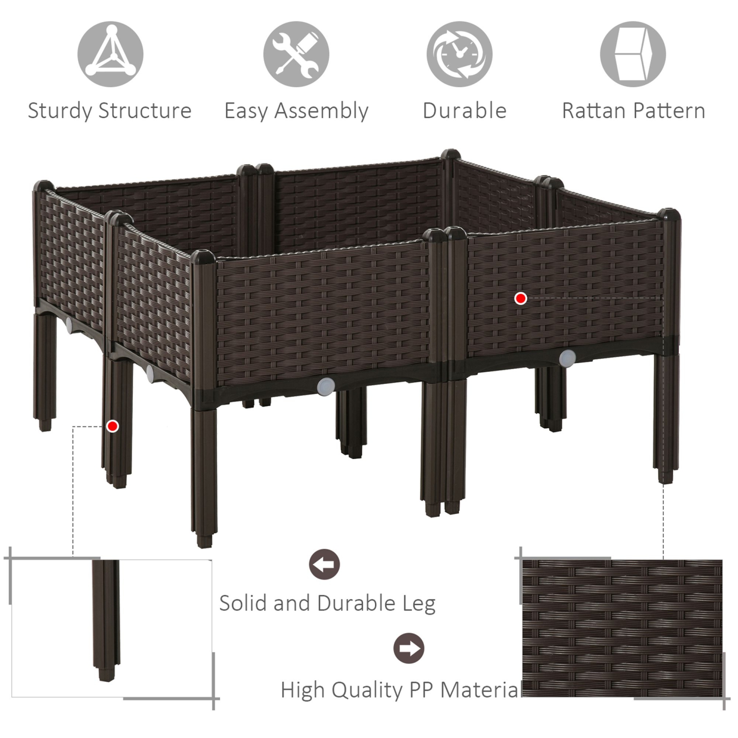 Outsunny 4-piece Raised Garden Bed, 15.7" x 15.7" x 17.3" PP Raised Flower Bed Plant Stand Stackable Vegetable Herb Grow Box