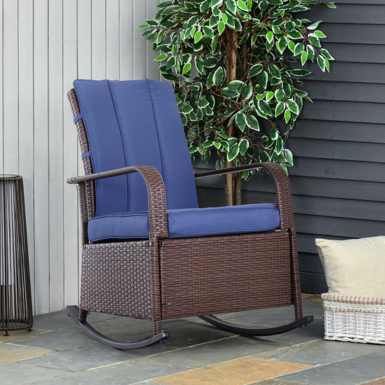 Outsunny Outdoor Wicker Rocking Chair with Cushion, Patio PE Rattan Recliner Chair with Adjustable Footrest, Armrests, Dark Blue
