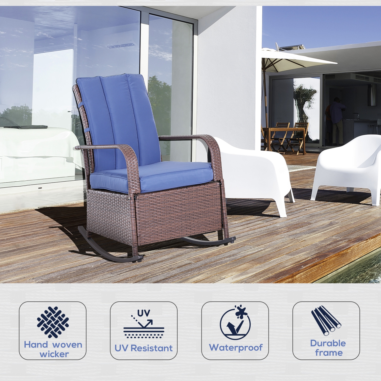 Outsunny Outdoor Wicker Rocking Chair with Cushion, Patio PE Rattan Recliner Chair with Adjustable Footrest, Armrests, Dark Blue