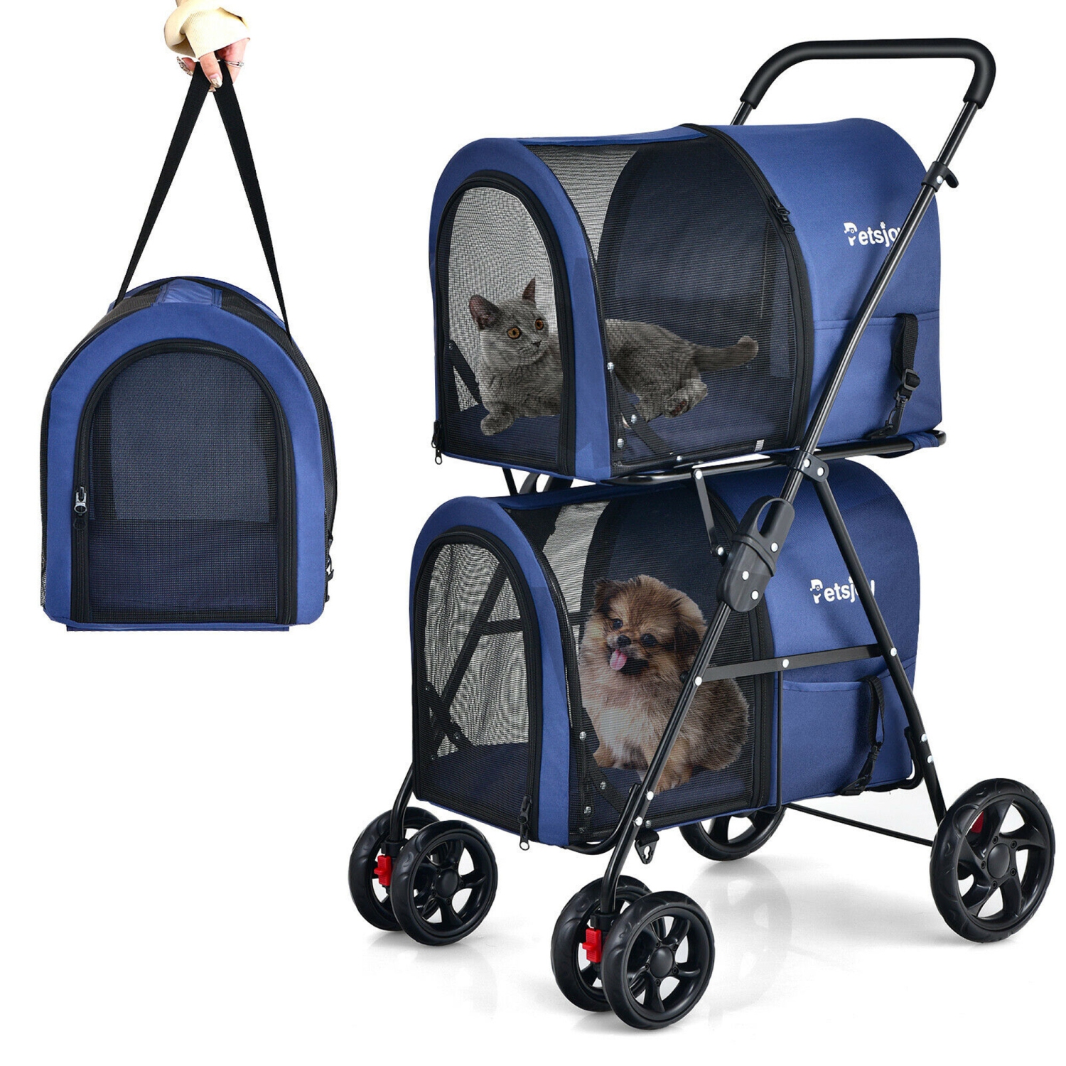 Gymax 4-in-1 Double Pet Stroller w/ Detachable Carrier Travel Carriage for Cats