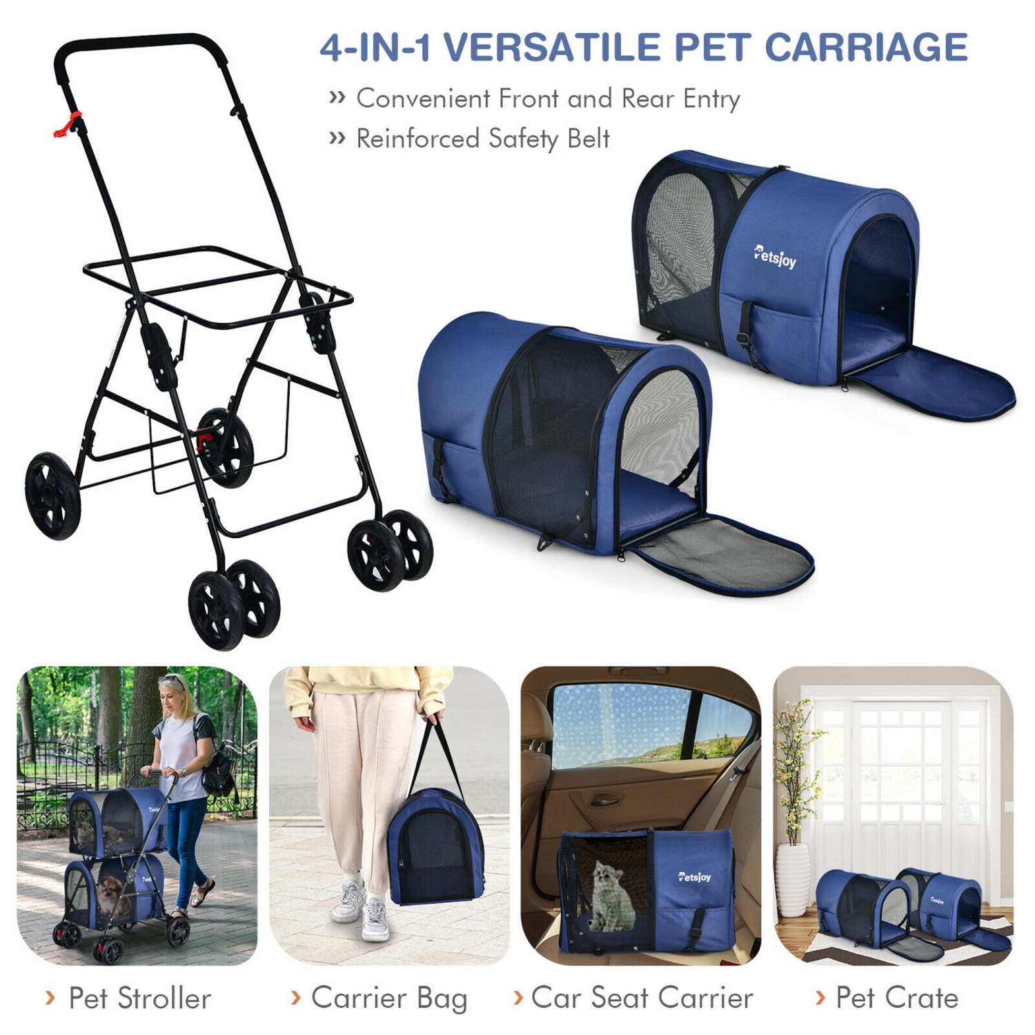 Gymax 4-in-1 Double Pet Stroller w/ Detachable Carrier Travel Carriage for Cats