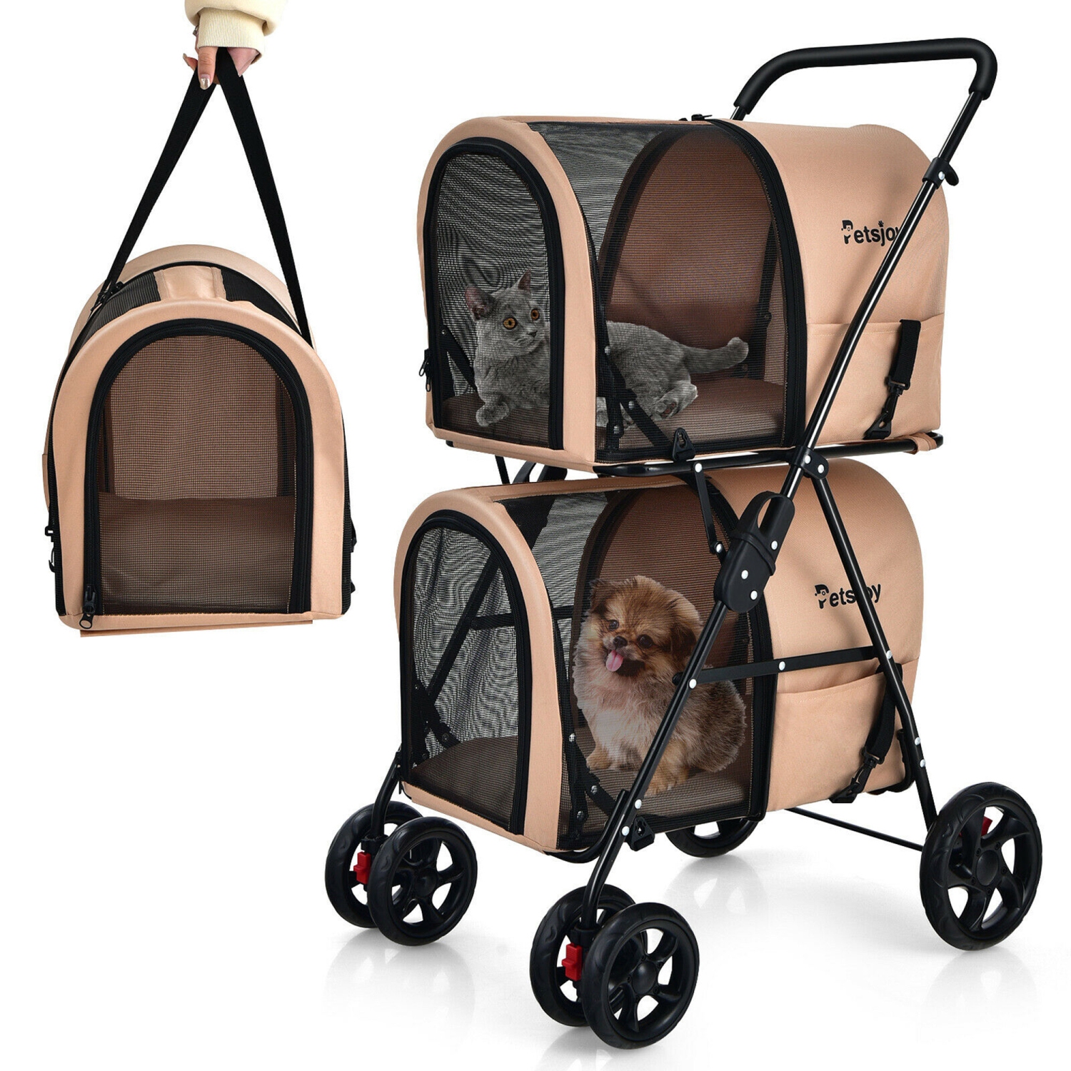 Poussette double 4-en-1 Gymax avec porte-bébé amovible pour chats