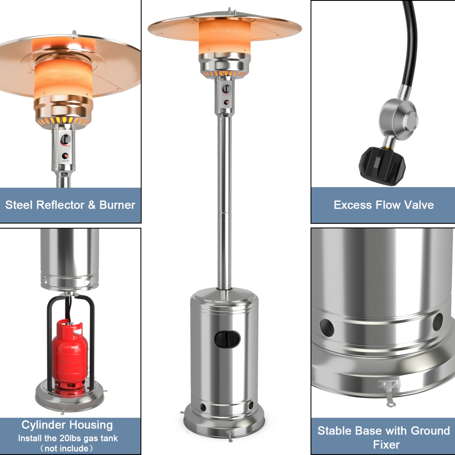 Radiateur au propane propane à pied de 32 50000 BTU extérieur PatioJoy, roues argentées/Noir/Bronze/Gris