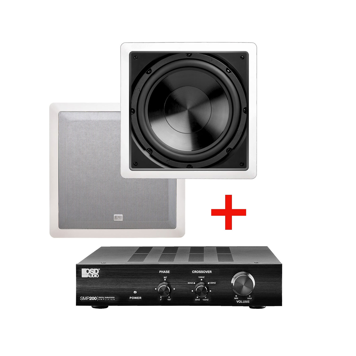 Amplificateur de haut-parleur d’extrêmes graves SMP200 classe D OSD Audio et ensemble de haut-parleur d’extrêmes graves mural IWS-10