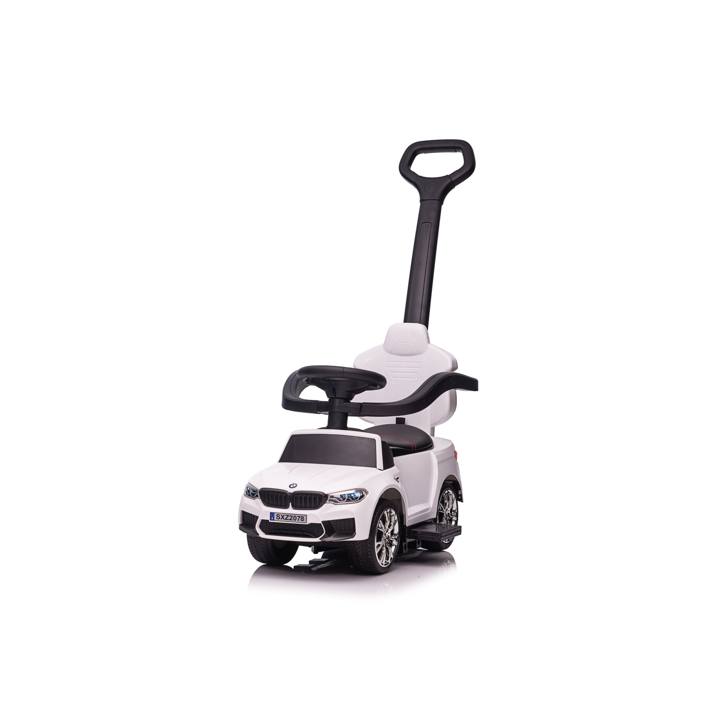 Voltz Toys sous licence BMW M5 4-en-1 Push Pedal Ride On Car Baby Walker avec barre de poussée, siège en cuir, repose-pieds et rails de chaise à