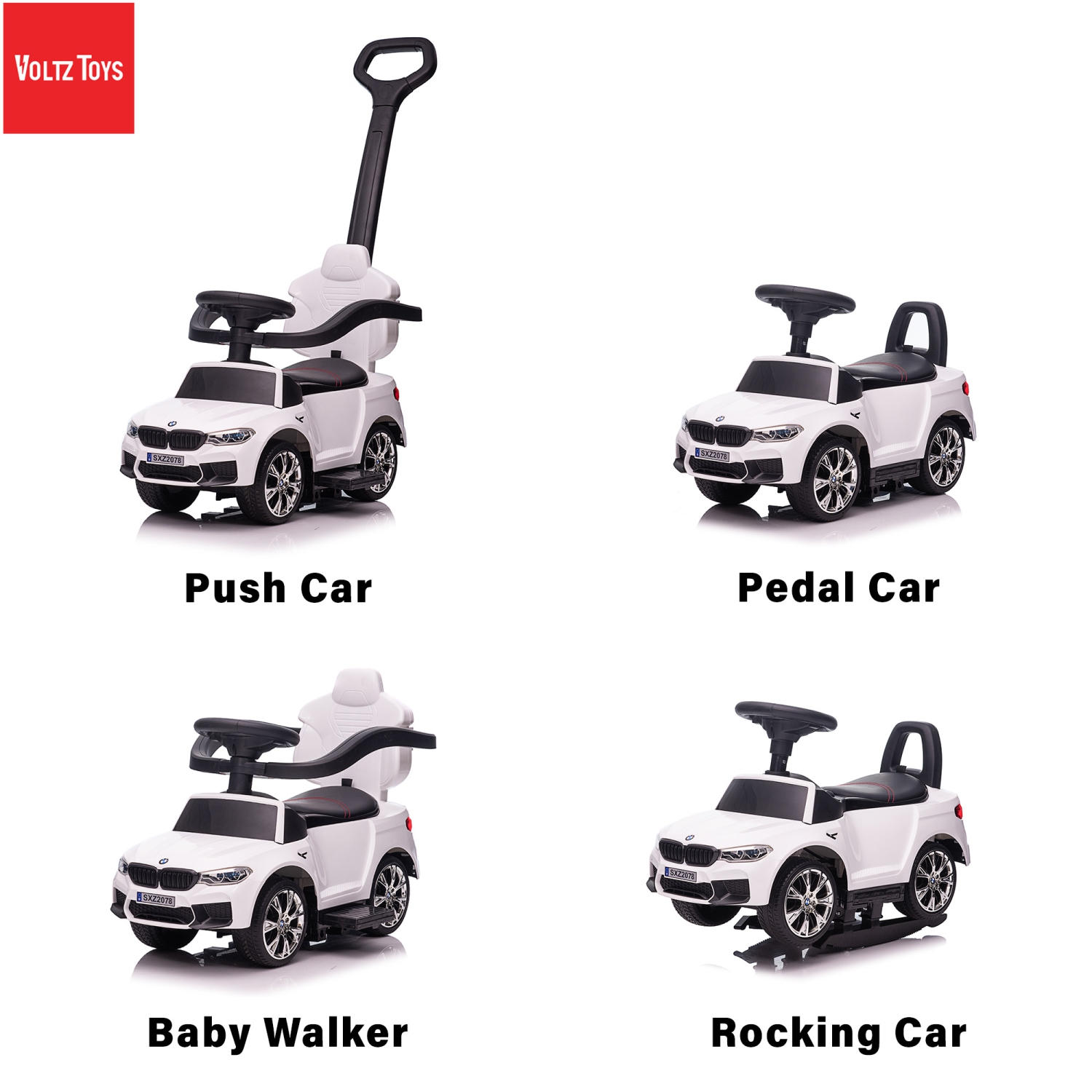 Voltz Toys sous licence BMW M5 4-en-1 Push Pedal Ride On Car Baby Walker avec barre de poussée, siège en cuir, repose-pieds et rails de chaise à