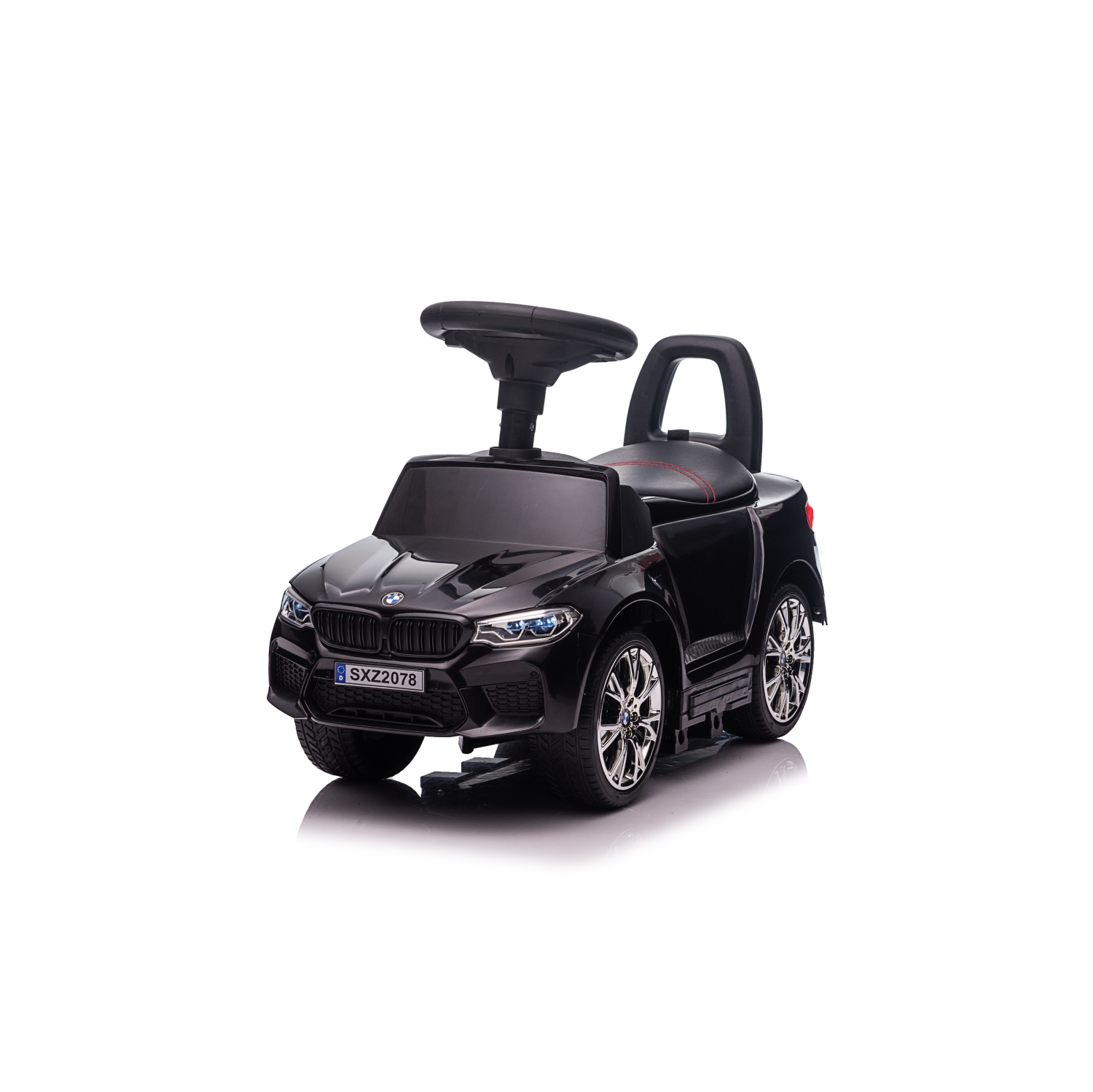 Voltz Toys sous licence BMW M5 4-en-1 Push Pedal Ride On Car Baby Walker avec barre de poussée, siège en cuir, repose-pieds et rails de chaise à