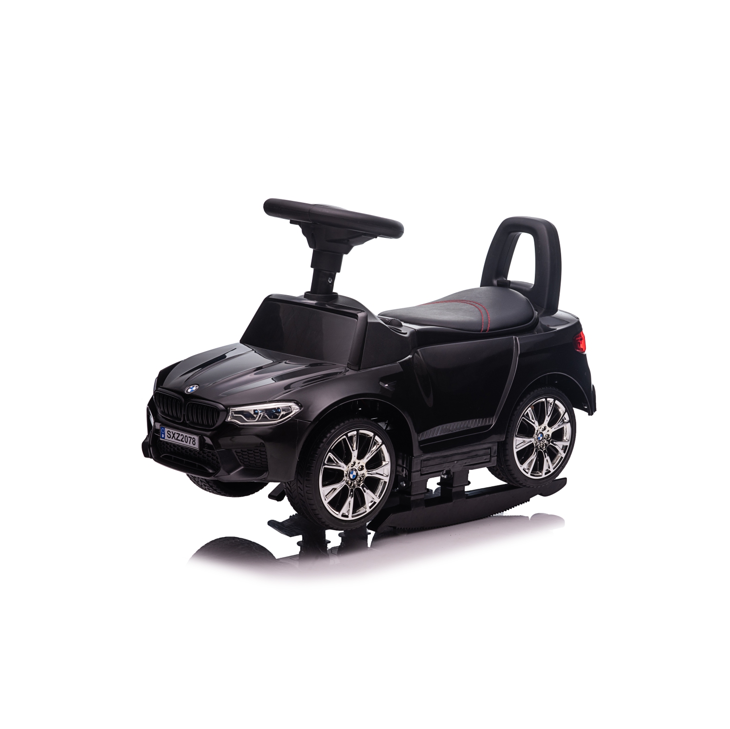 Voltz Toys sous licence BMW M5 4-en-1 Push Pedal Ride On Car Baby Walker avec barre de poussée, siège en cuir, repose-pieds et rails de chaise à