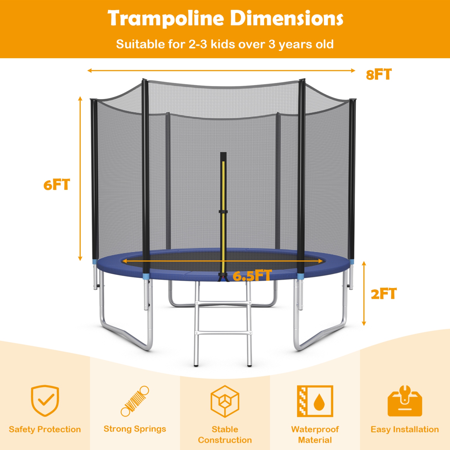 Patiojoy 8ft Trampoline with Safety Enclosure Net & Spring Pad Jumping Mat