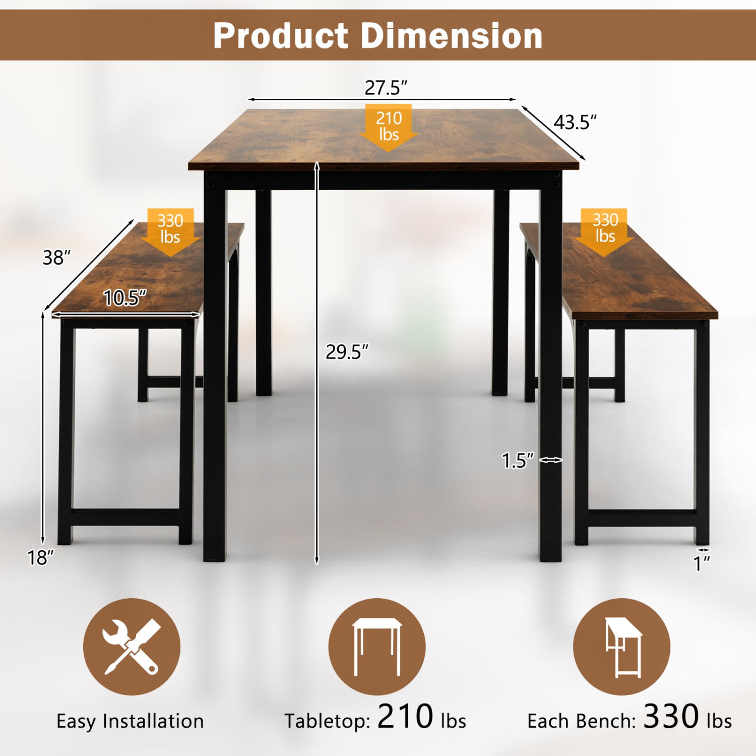 Topbuy 3pcs Dining Table Set for 4 Modern Industrial Counter Height Kitchen Table Set with 2 Benches for Dining Room