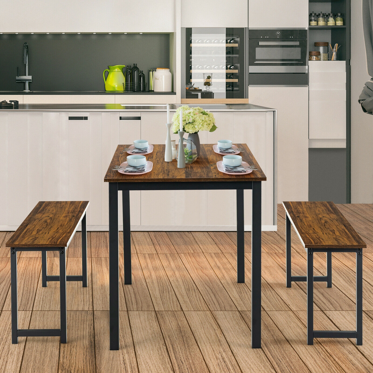 Topbuy 3pcs Dining Table Set for 4 Modern Industrial Counter Height Kitchen Table Set with 2 Benches for Dining Room
