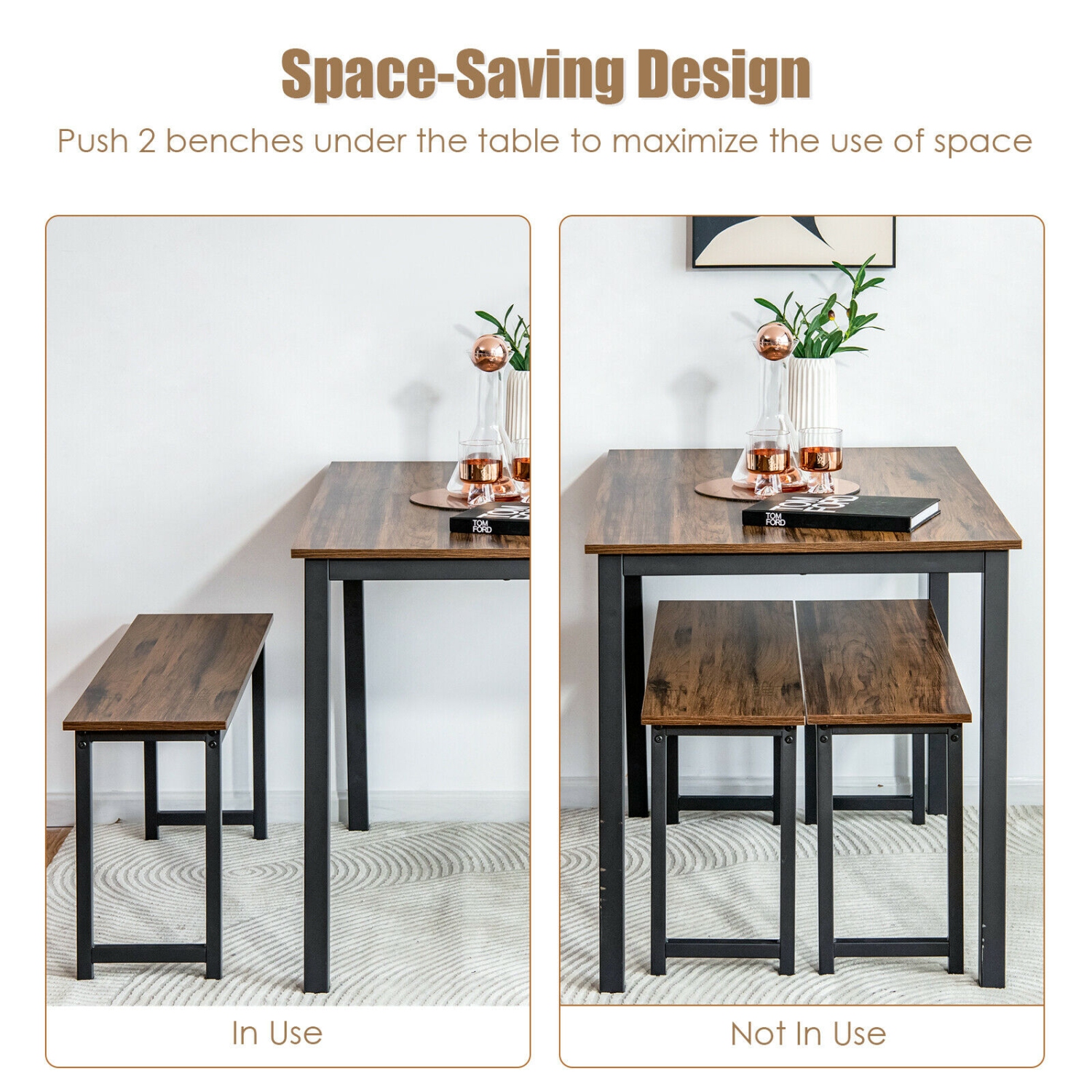 Topbuy 3pcs Dining Table Set for 4 Modern Industrial Counter Height Kitchen Table Set with 2 Benches for Dining Room