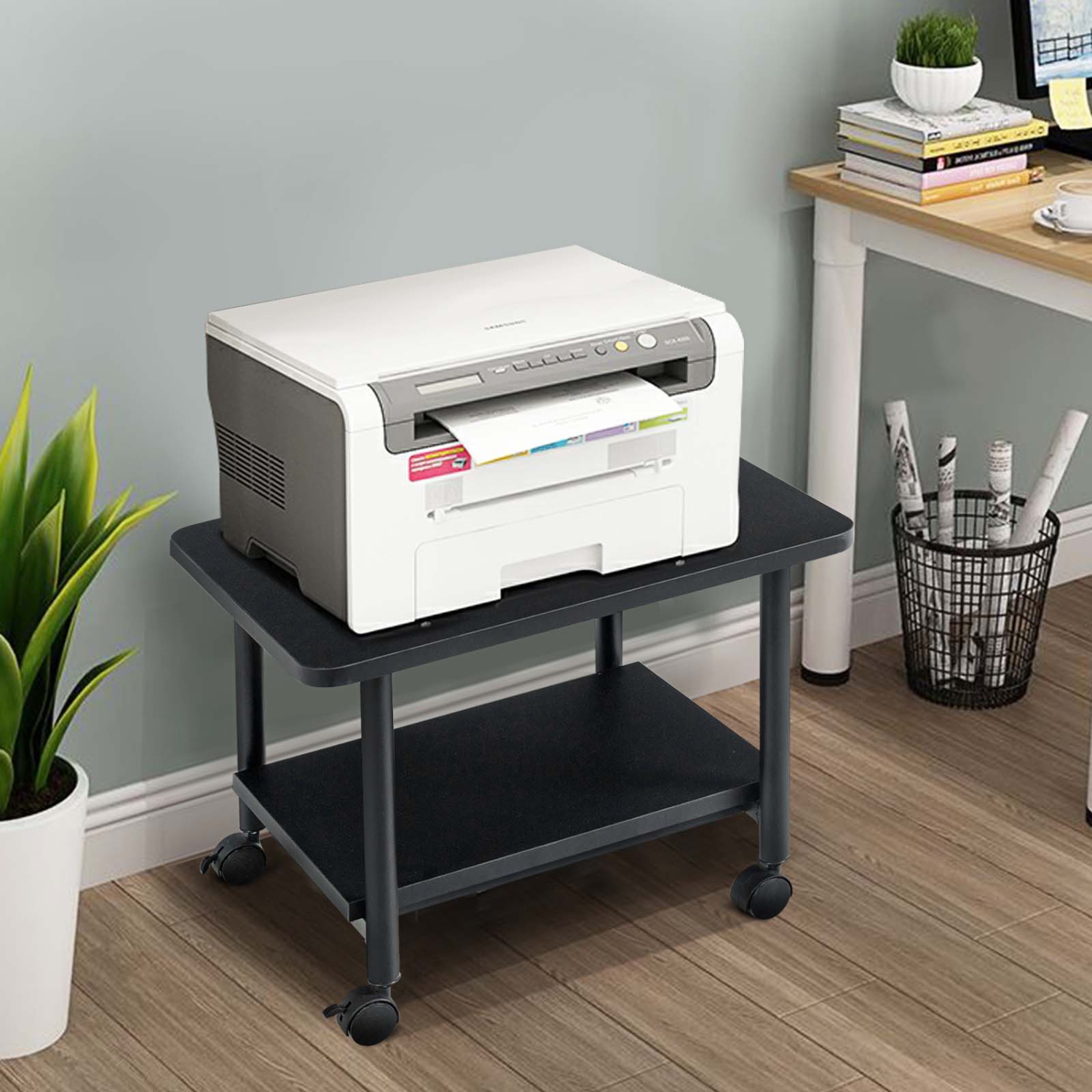TopBuy – Chariot pour imprimante à 2 niveaux à roulettes avec 2 tablettes de rangement pour imprimante pour le bureau à domicile