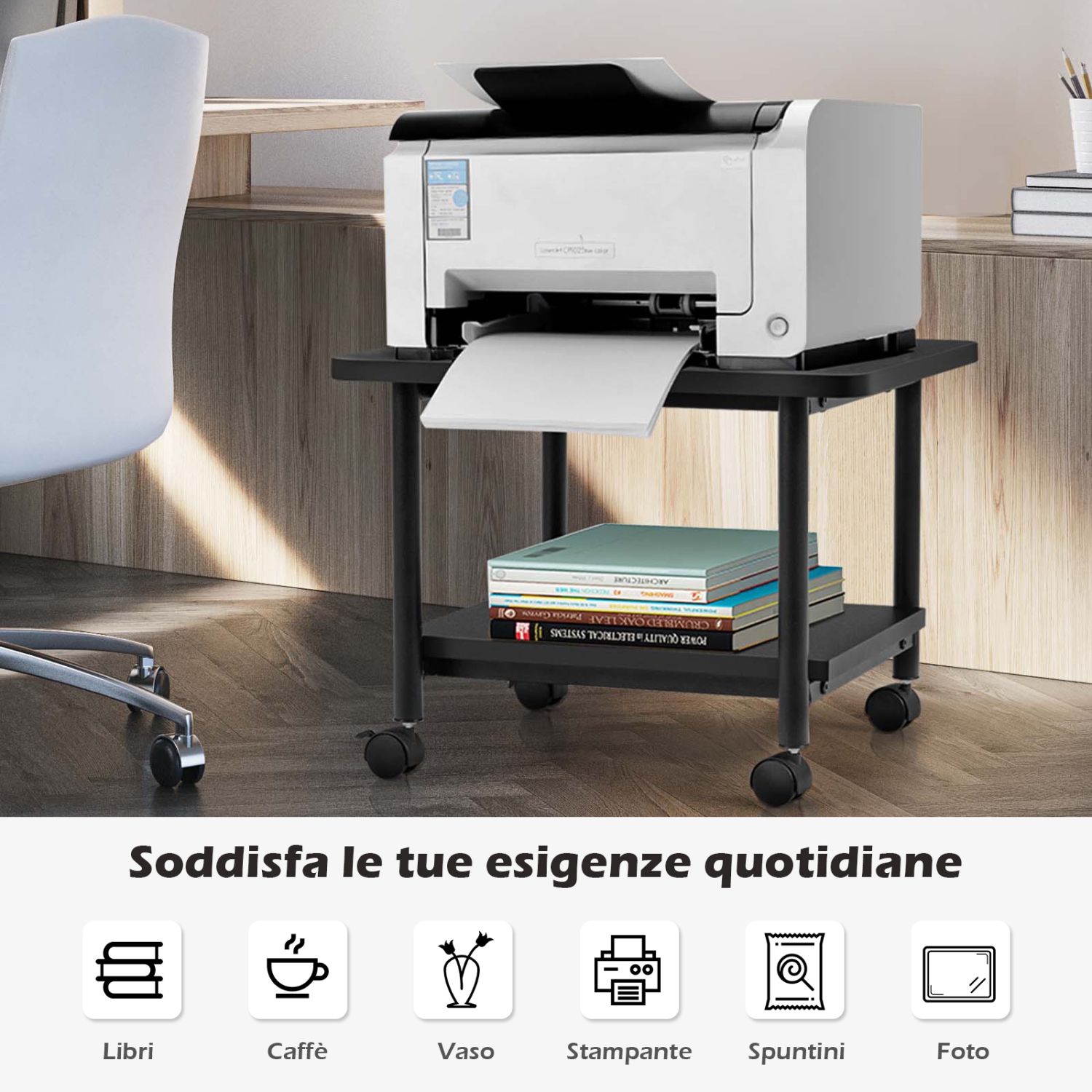 TopBuy – Chariot pour imprimante à 2 niveaux à roulettes avec 2 tablettes de rangement pour imprimante pour le bureau à domicile