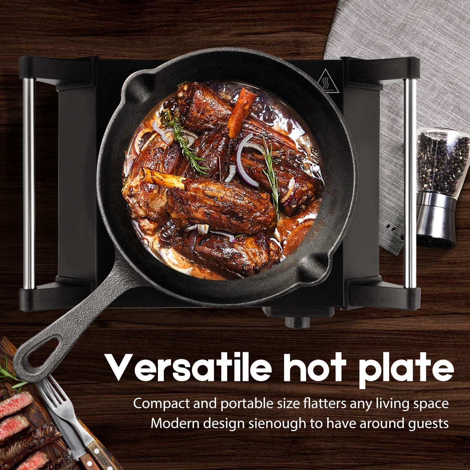 Techwood Plaque chauffante électrique 1500 W Table de cuisson électrique pour cuisiner, brûleur unique portable avec poignées, dessus de cuisinière