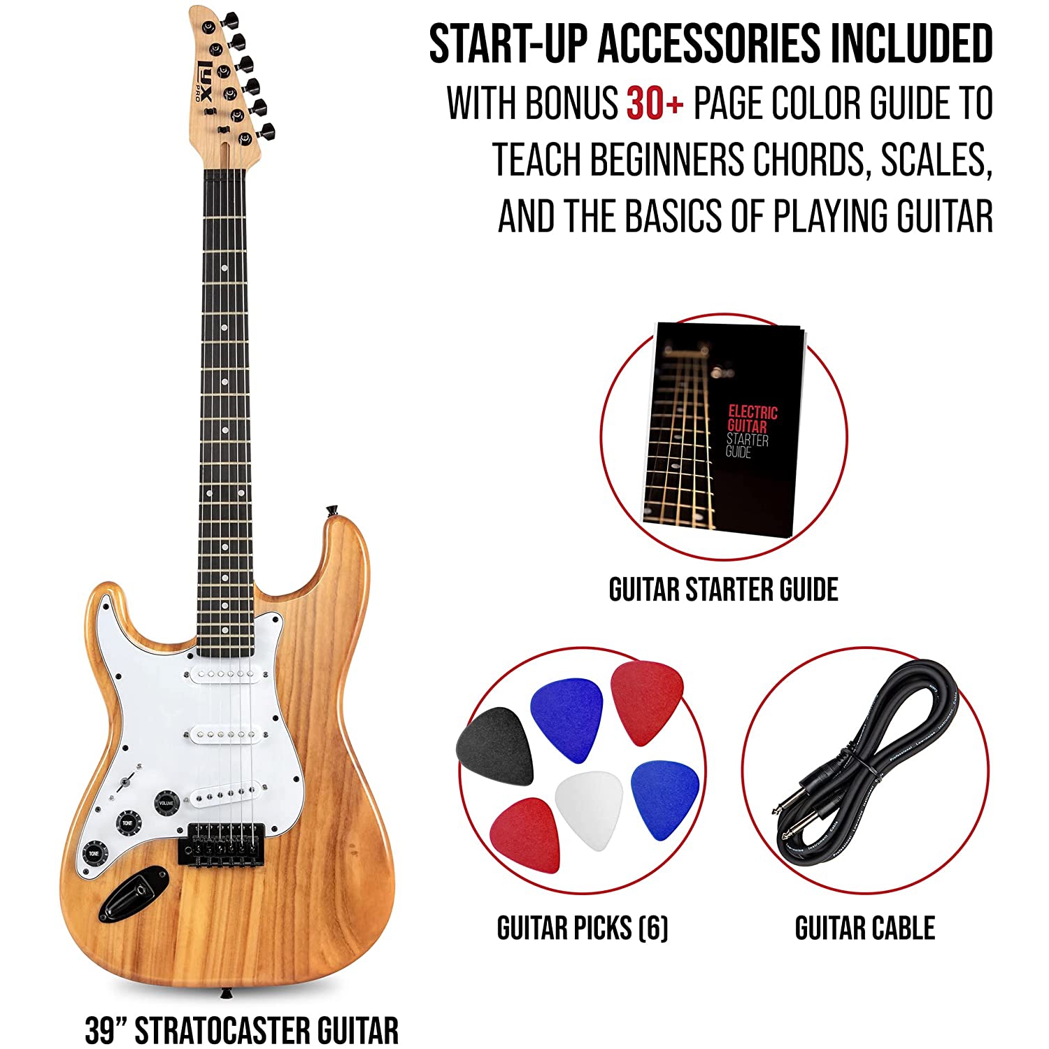 LyxPro CS 39” Left Hand Electric Guitar Kit for Beginner, Intermediate & Pro Players with Guitar, Amp Cable, 6 Picks & Learner’s Guide, Solid Wood