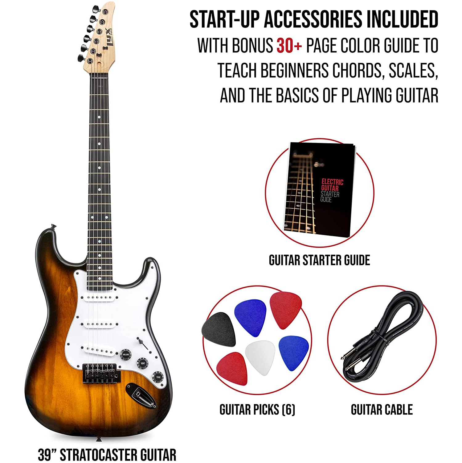 LyxPro CS 39” Electric Guitar Kit for Beginner, Intermediate & Pro Players with Guitar, Amp Cable, 6 Picks & Learner’s Guide | Solid Wood Body,