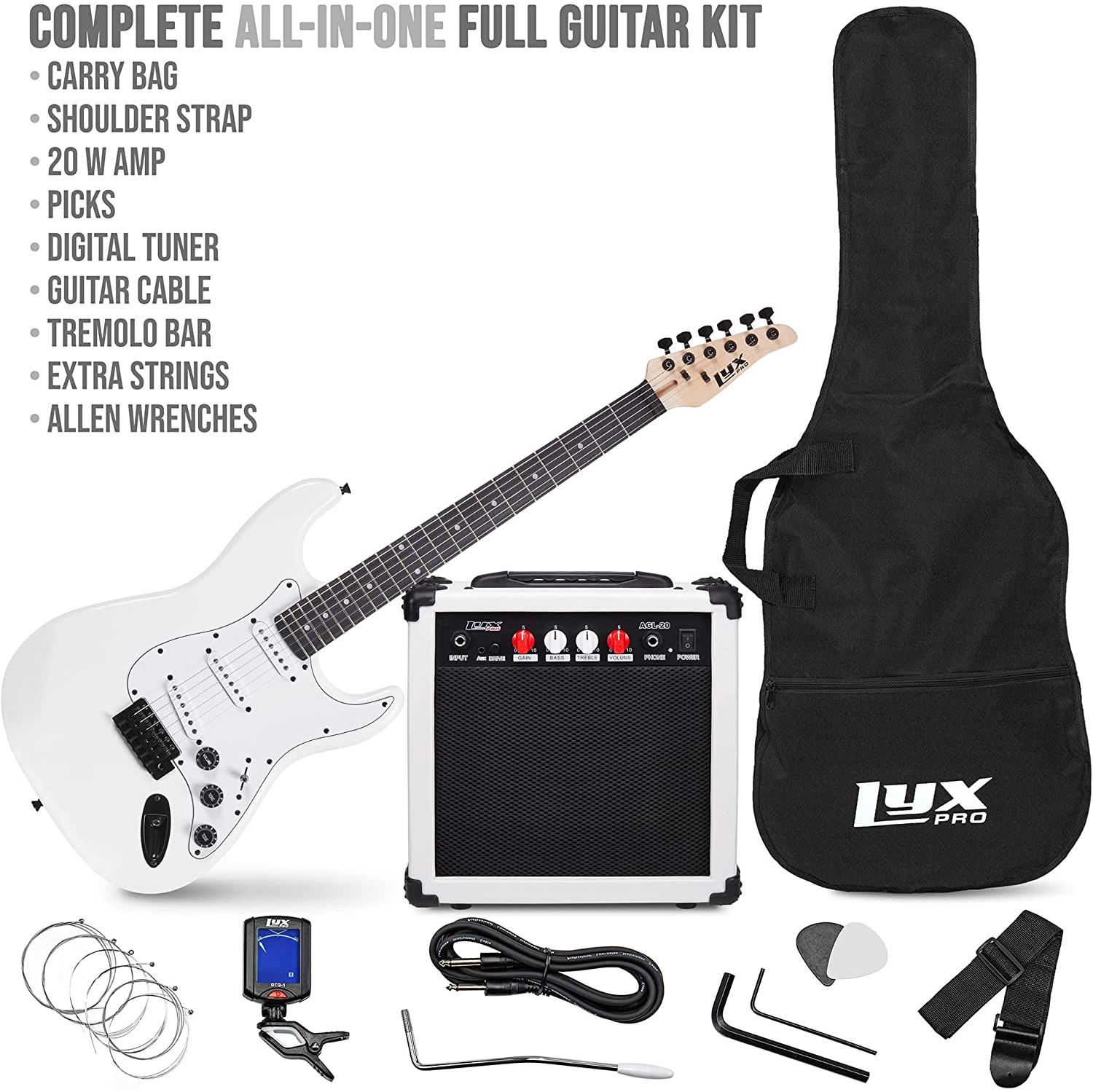 LyxPro 39 inch Electric Guitar Kit Bundle with 20w Amplifier, All Accessories, Digital Clip On Tuner, Six Strings, Two Picks, Tremolo Bar, Shoulder