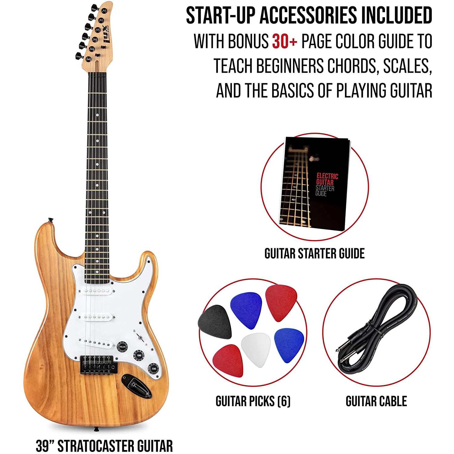 LyxPro CS 39” Electric Guitar Kit for Beginner, Intermediate & Pro Players with Guitar, Amp Cable, 6 Picks & Learner’s Guide | Solid Wood Body,