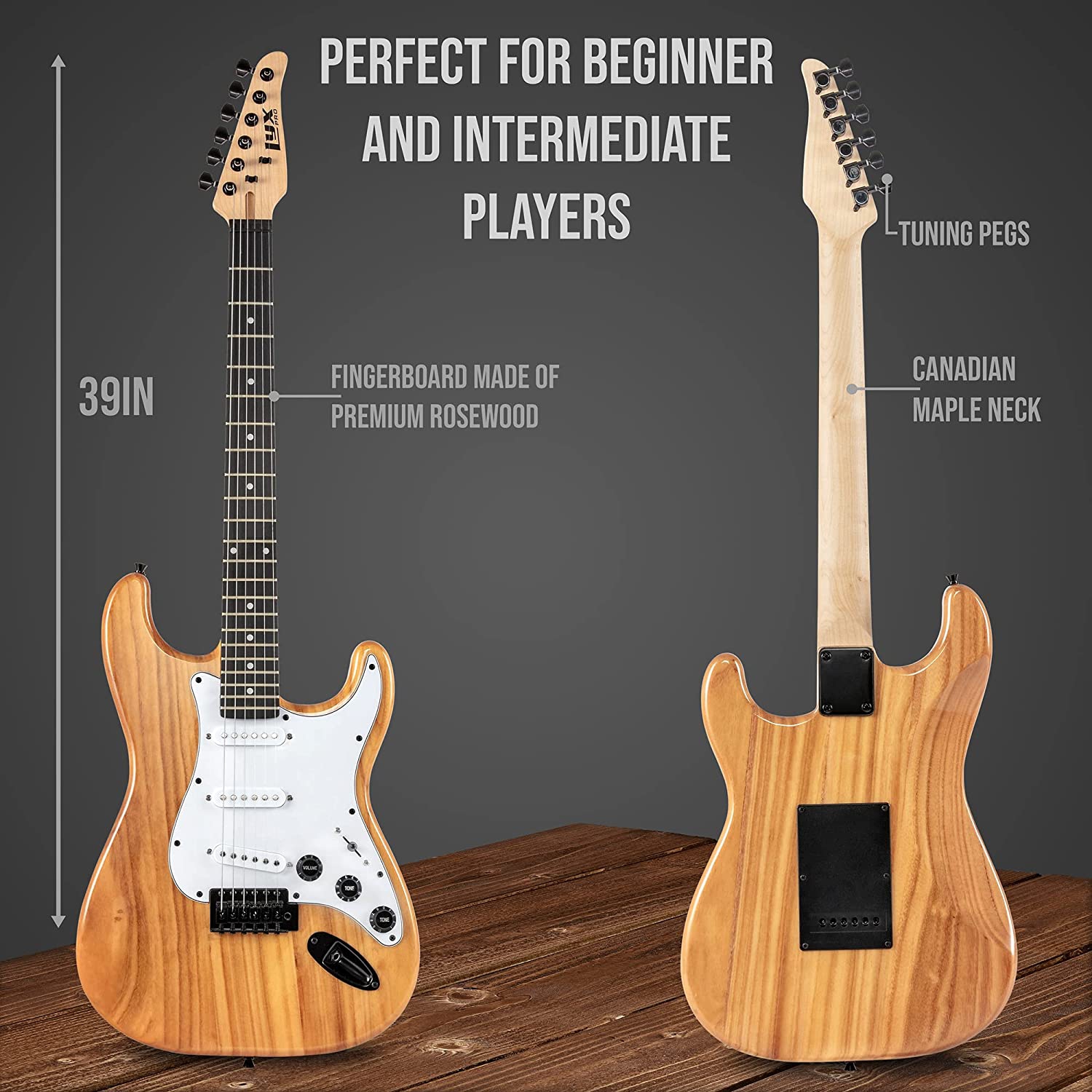 LyxPro CS 39” Electric Guitar Kit for Beginner, Intermediate & Pro Players with Guitar, Amp Cable, 6 Picks & Learner’s Guide | Solid Wood Body,