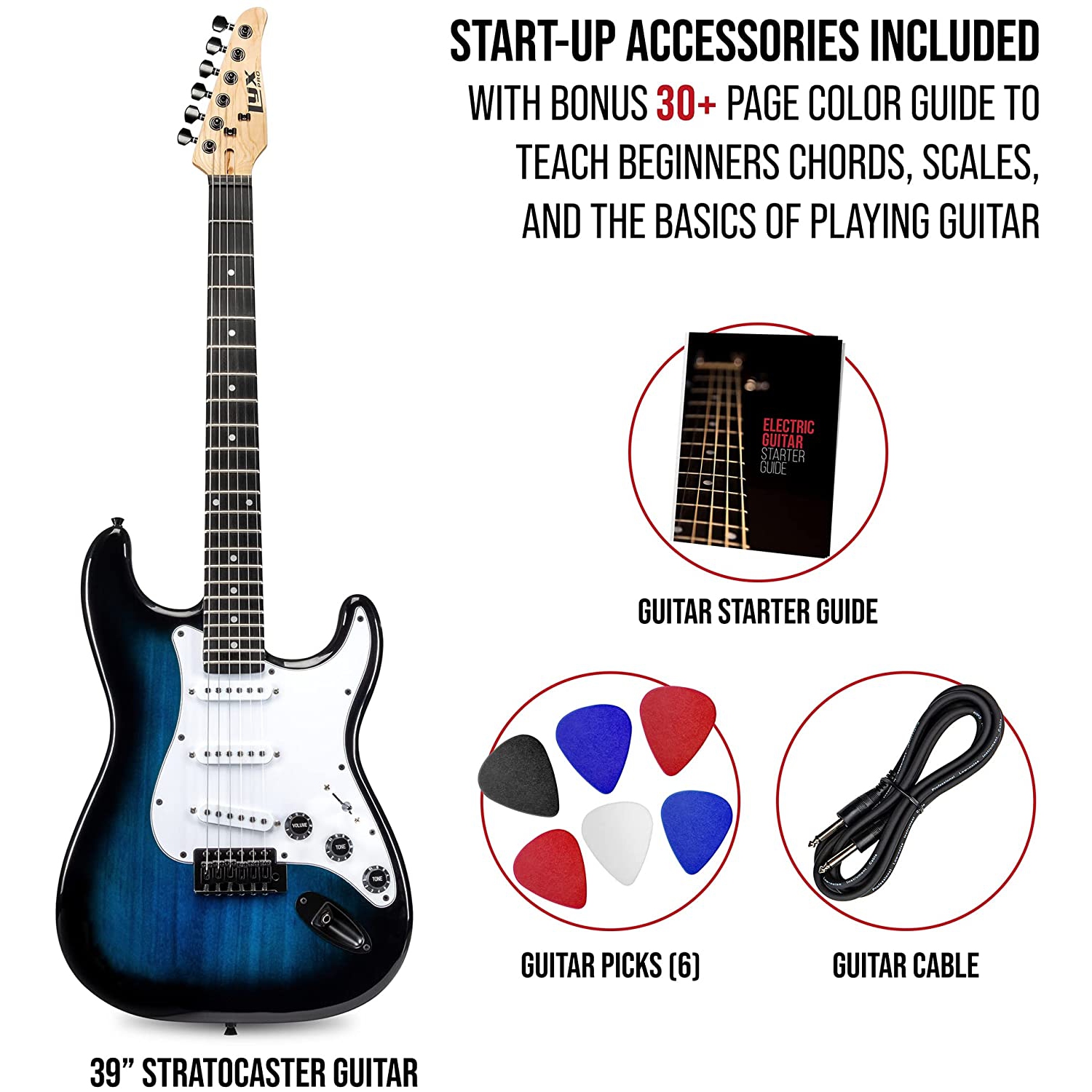 LyxPro CS 39” Electric Guitar Kit for Beginner, Intermediate & Pro Players with Guitar, Amp Cable, 6 Picks & Learner’s Guide | Solid Wood Body,