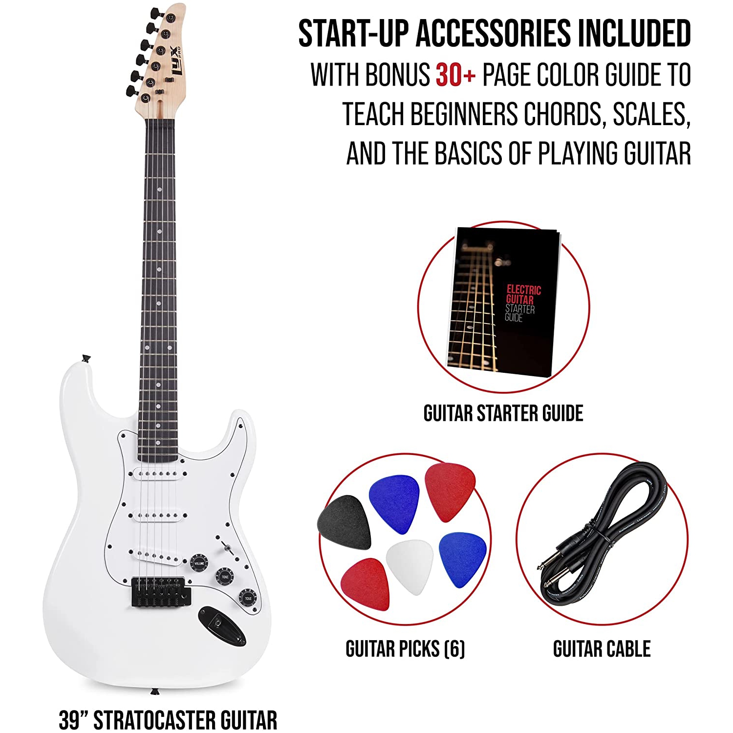 LyxPro CS 39” Electric Guitar Kit for Beginner, Intermediate & Pro Players with Guitar, Amp Cable, 6 Picks & Learner’s Guide | Solid Wood Body,