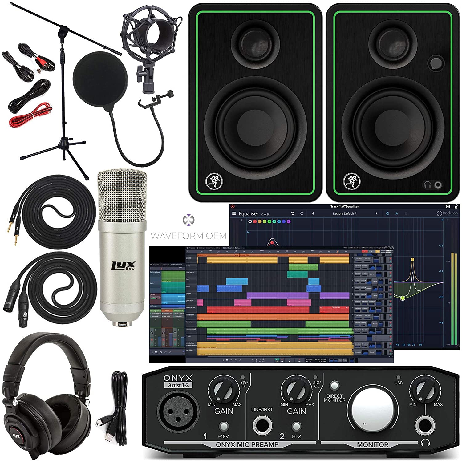 Mackie Onyx Artist 1-2 Audio Interface With Pro Tools First/Tracktion Music Production Software, CR3-X Monitor Pair Condenser Studio Microphone, XLR,