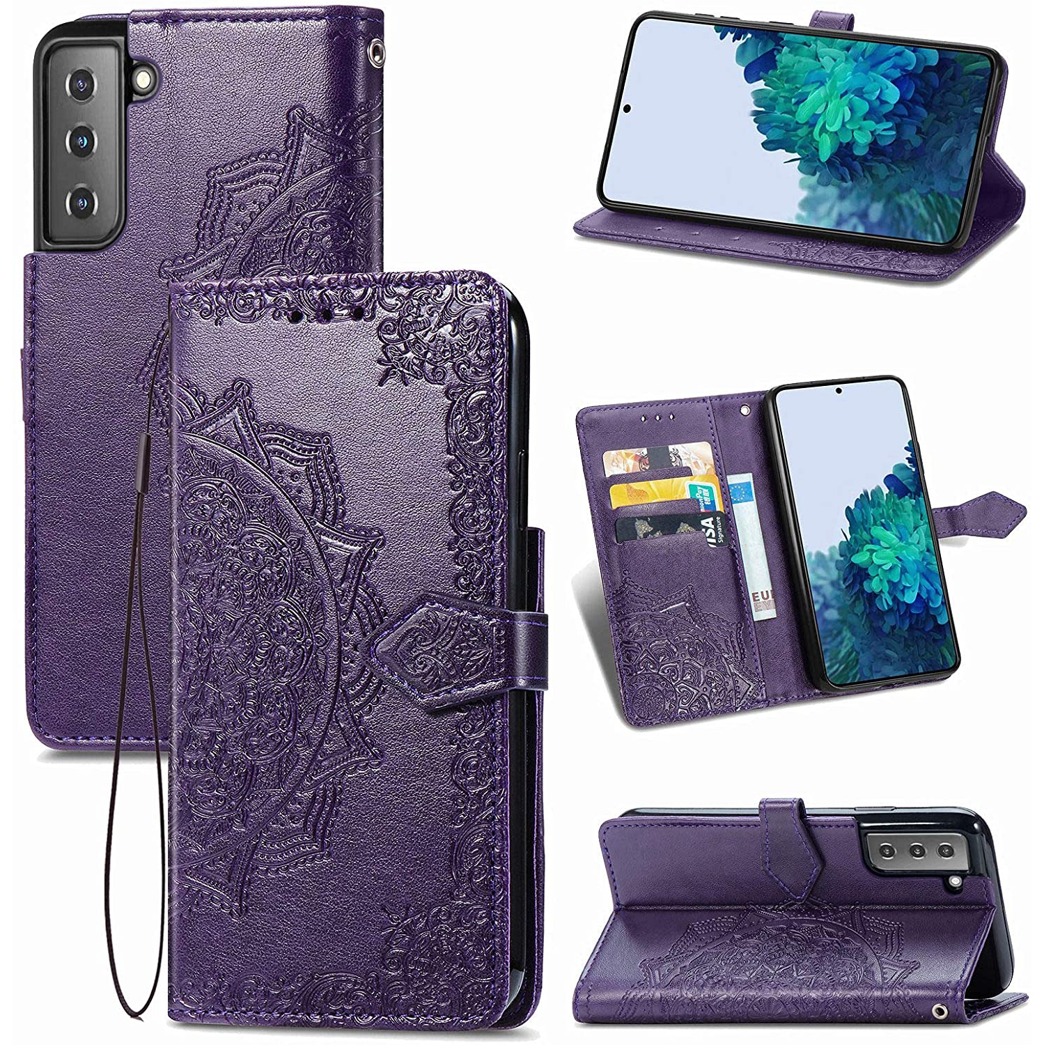 LEDEX Leather Flip Wallet Case Card Holder Embossed Mandala Floral Pattern Premium SKYXD Luxury 3D for Samsung Galaxy S21 FE - Free Shipping