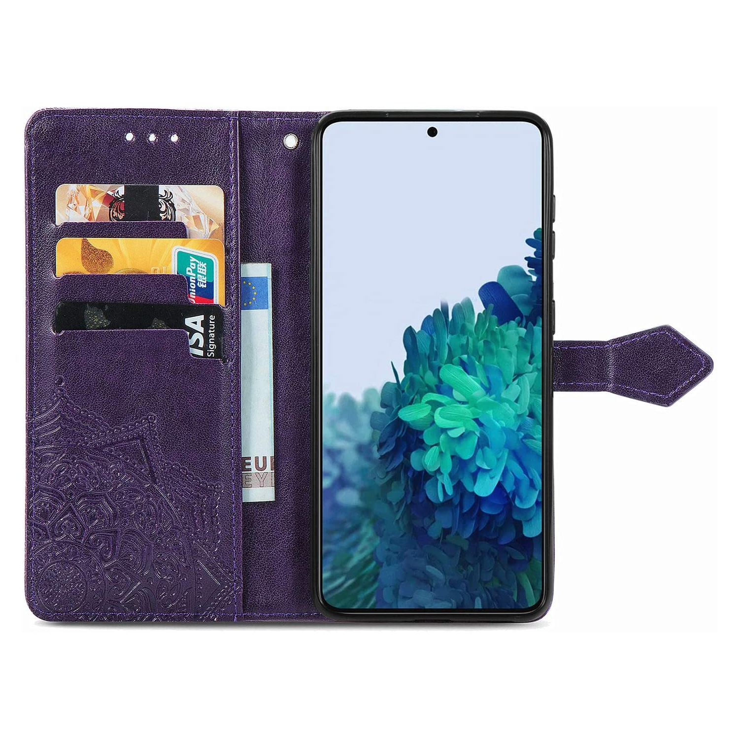 LEDEX Leather Flip Wallet Case Card Holder Embossed Mandala Floral Pattern Premium SKYXD Luxury 3D for Samsung Galaxy S21 FE - Free Shipping