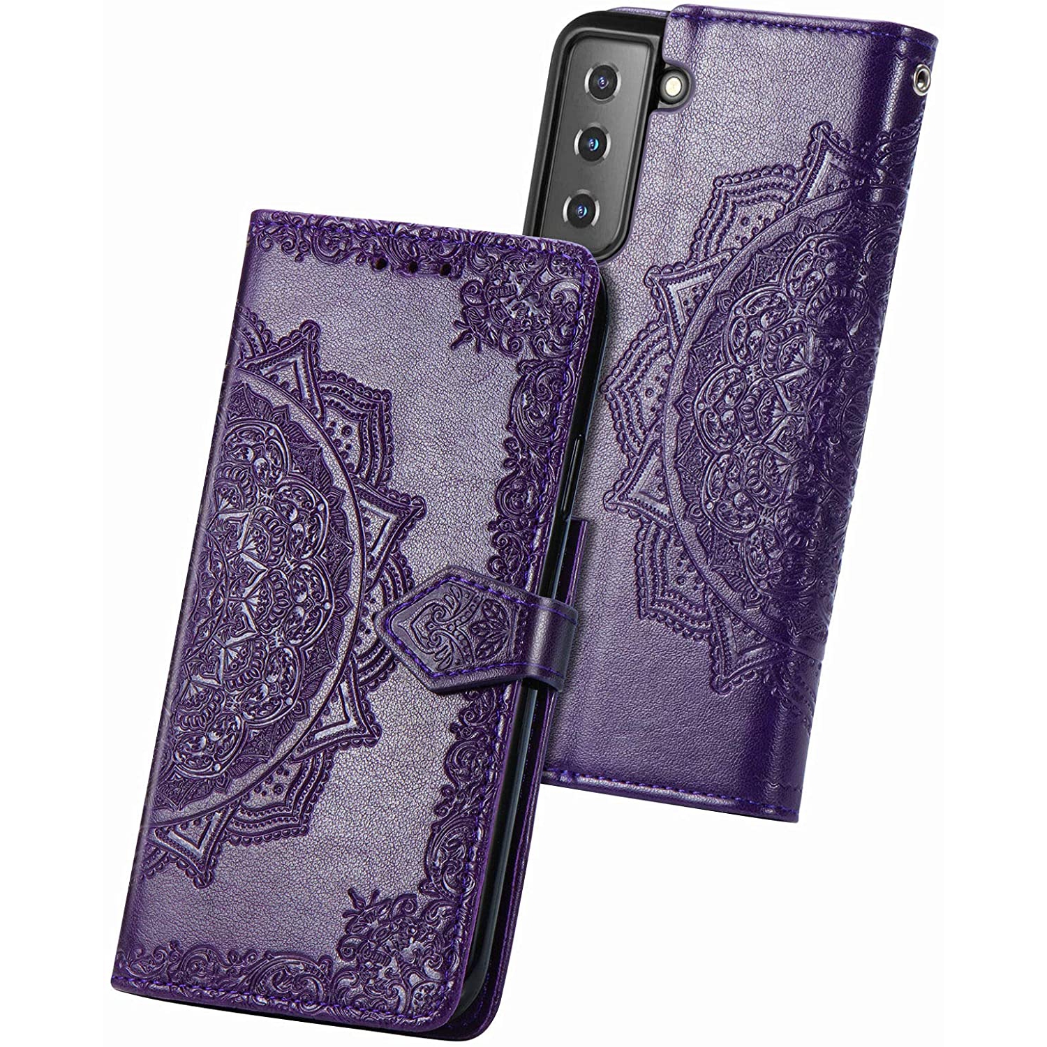 LEDEX Leather Flip Wallet Case Card Holder Embossed Mandala Floral Pattern Premium SKYXD Luxury 3D for Samsung Galaxy S21 FE - Free Shipping
