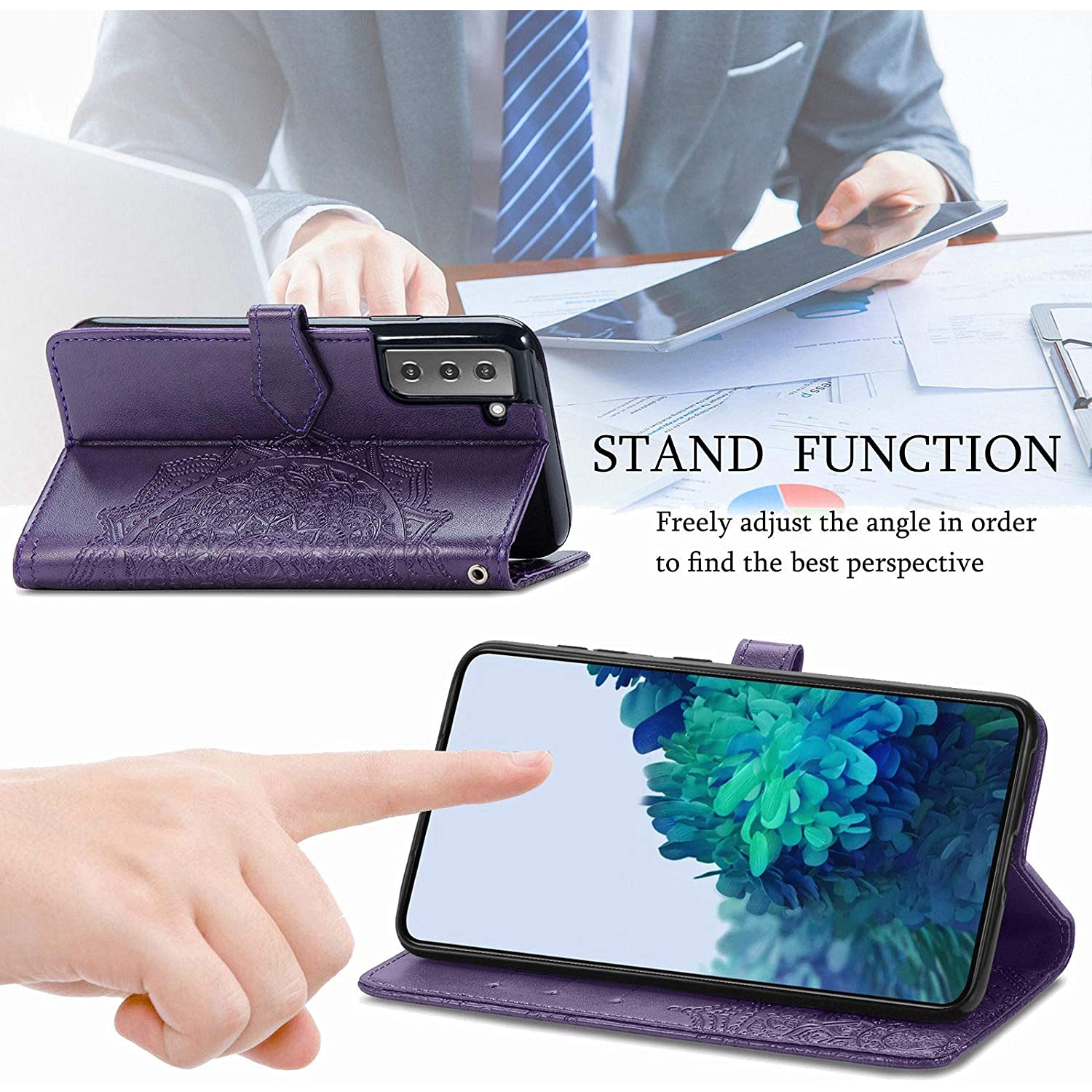 LEDEX Leather Flip Wallet Case Card Holder Embossed Mandala Floral Pattern Premium SKYXD Luxury 3D for Samsung Galaxy S21 FE - Free Shipping