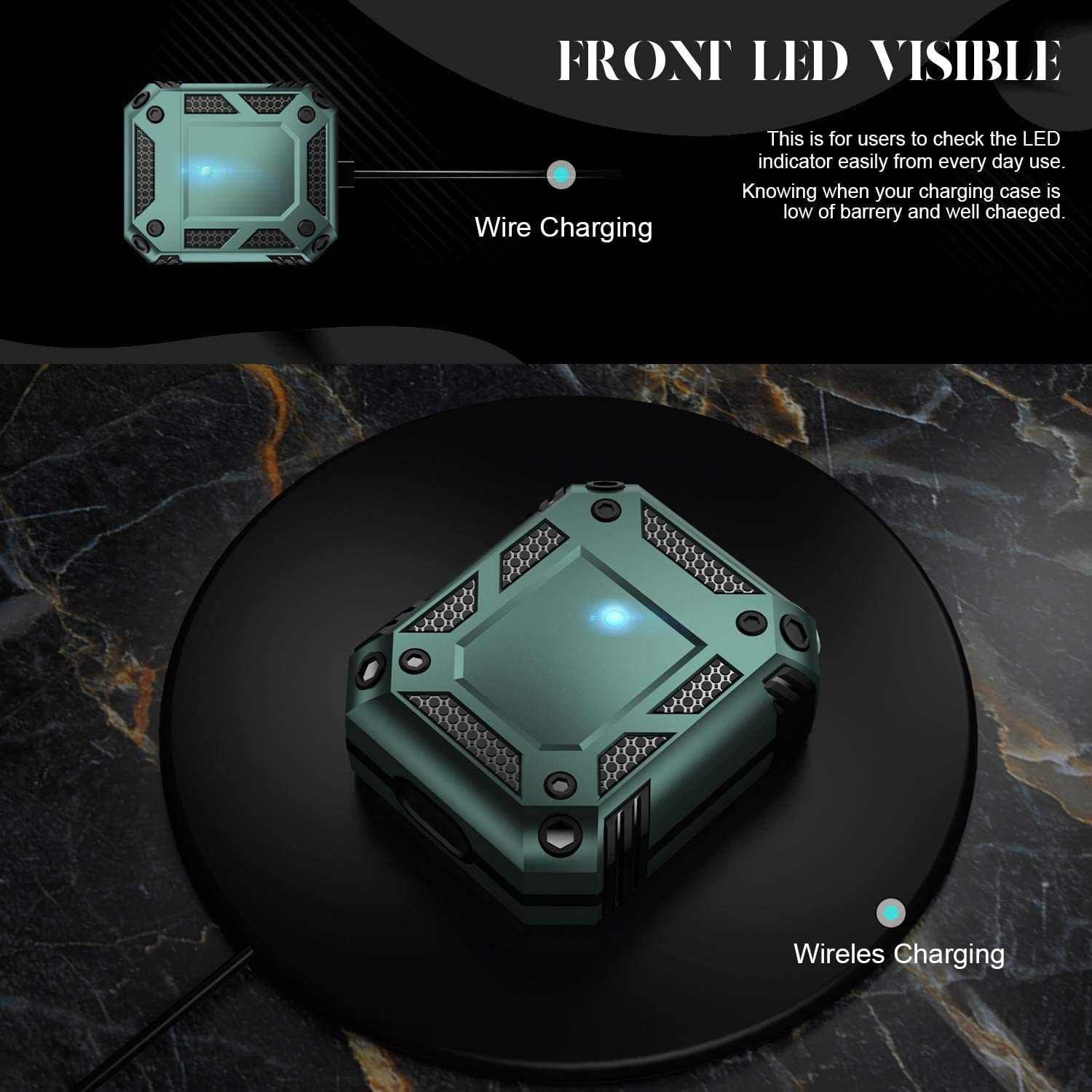 Heavy Duty Anti-Drop Full Body Protective Rugged Case Cover & Keychain for Apple AirPods 1 2, Midnight Green