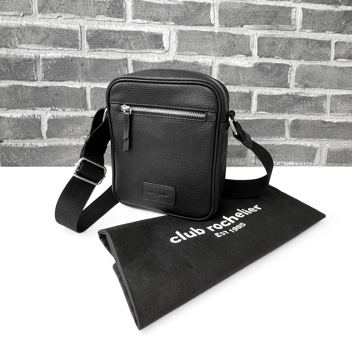 Club Rochelier Unisex Leather Top Zipper Crossbody Bag Black