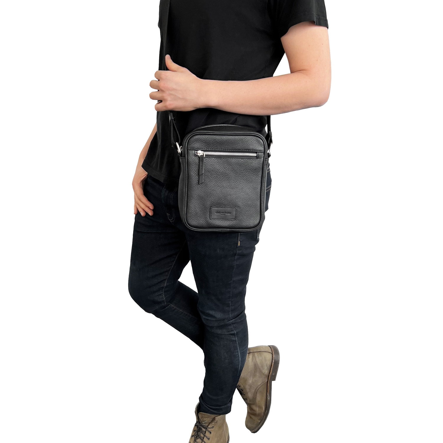 Club Rochelier Unisex Leather Top Zipper Crossbody Bag Black