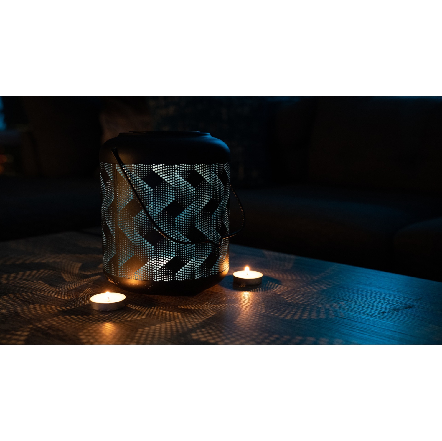 Hi-Line Gift Ltd 9In Solar Black And Blue Wave Metal Lantern with Warm White LED
