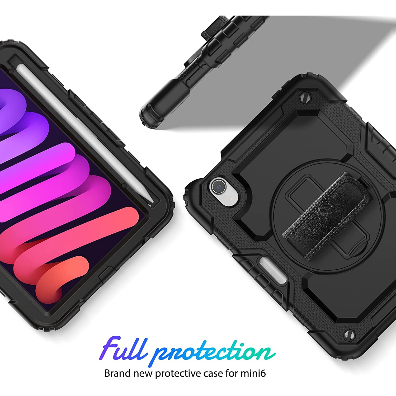 CSMART Shockproof Defender Case with Kickstand Shoulder & Hand Strap for iPad Mini 6 8.3 Inch - Black