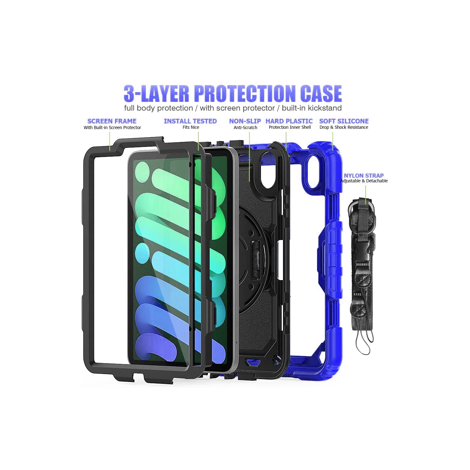 Shockproof Heavy Duty Defender Case Kickstand Cover with Shoulder & Hand Strap for iPad Mini 6 6th Gen. 2021, Blue