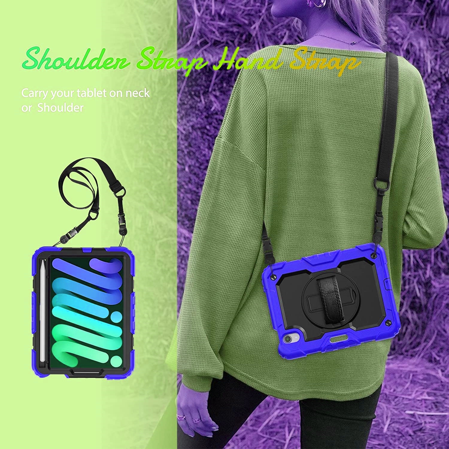 Shockproof Heavy Duty Defender Case Kickstand Cover with Shoulder & Hand Strap for iPad Mini 6 6th Gen. 2021, Blue