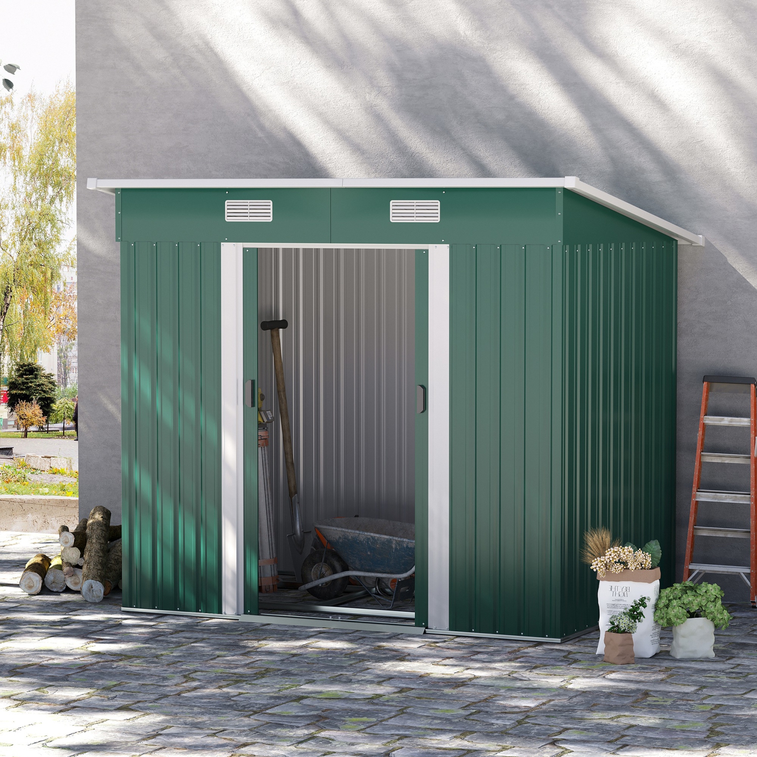 Outsunny 7'x 4' Outdoor Storage Shed, Metal Garden Shed with Lockable Double Doors, Foundation Kit and Vents for Patio Backyard Tool Storage, Green