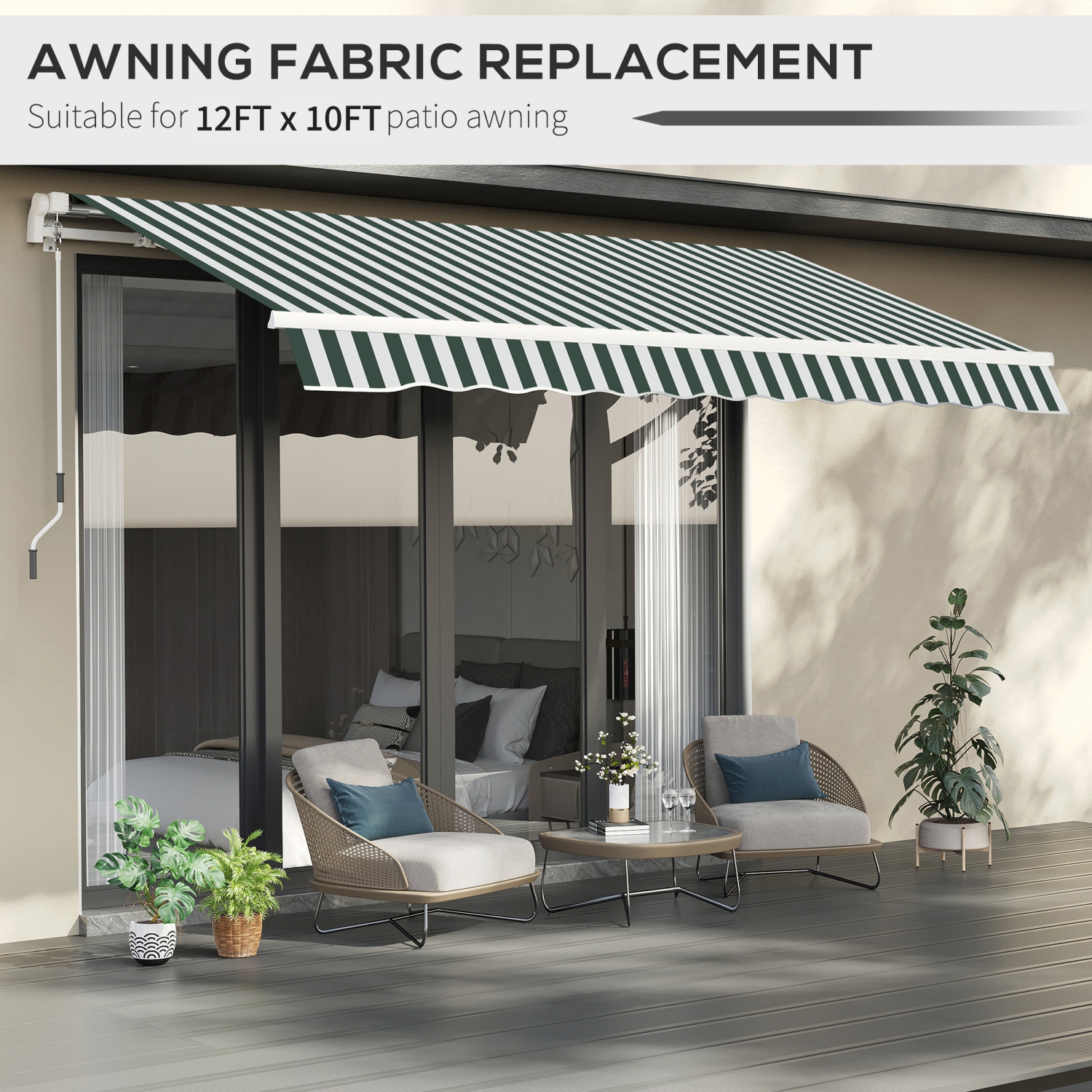 Outsunny 11' x 10' Retractable Awning Fabric Replacement Outdoor Sunshade Canopy Awning Cover, UV Protection, Green and White