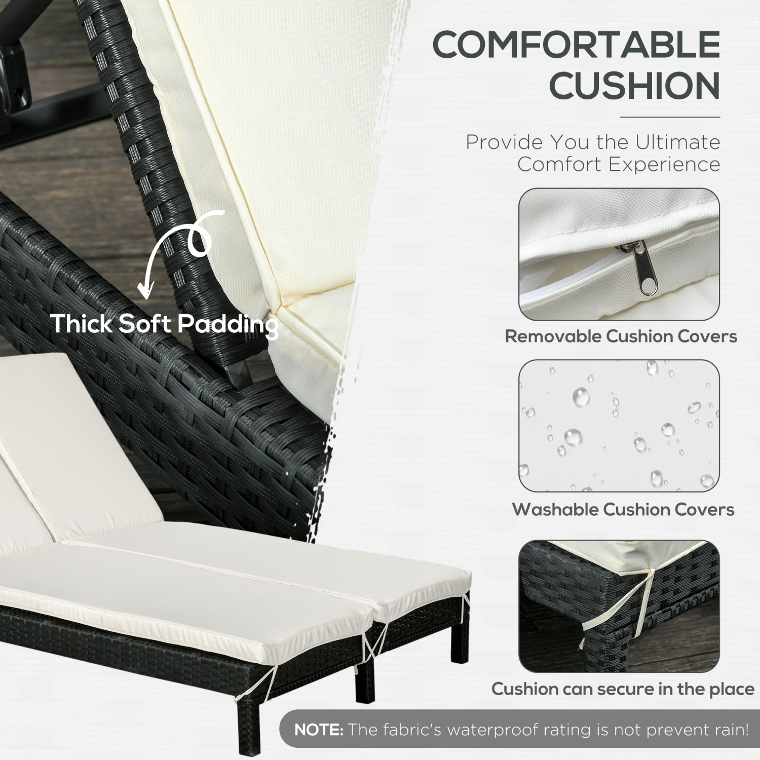 Outsunny Wicker Double Chaise Lounge Chair Outdoor Recliner 2 Person Rattan Patio Reclining Sunbed Furniture Cushioned w/Adjustable Backrest, Cream