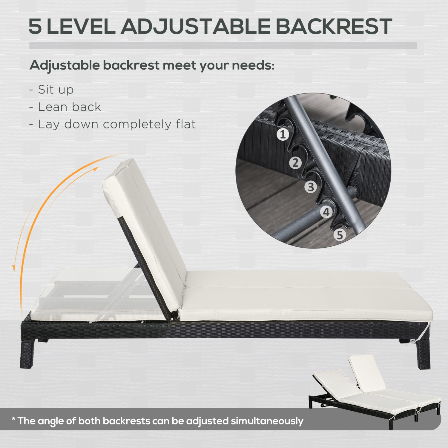 Outsunny Wicker Double Chaise Lounge Chair Outdoor Recliner 2 Person Rattan Patio Reclining Sunbed Furniture Cushioned w/Adjustable Backrest, Cream