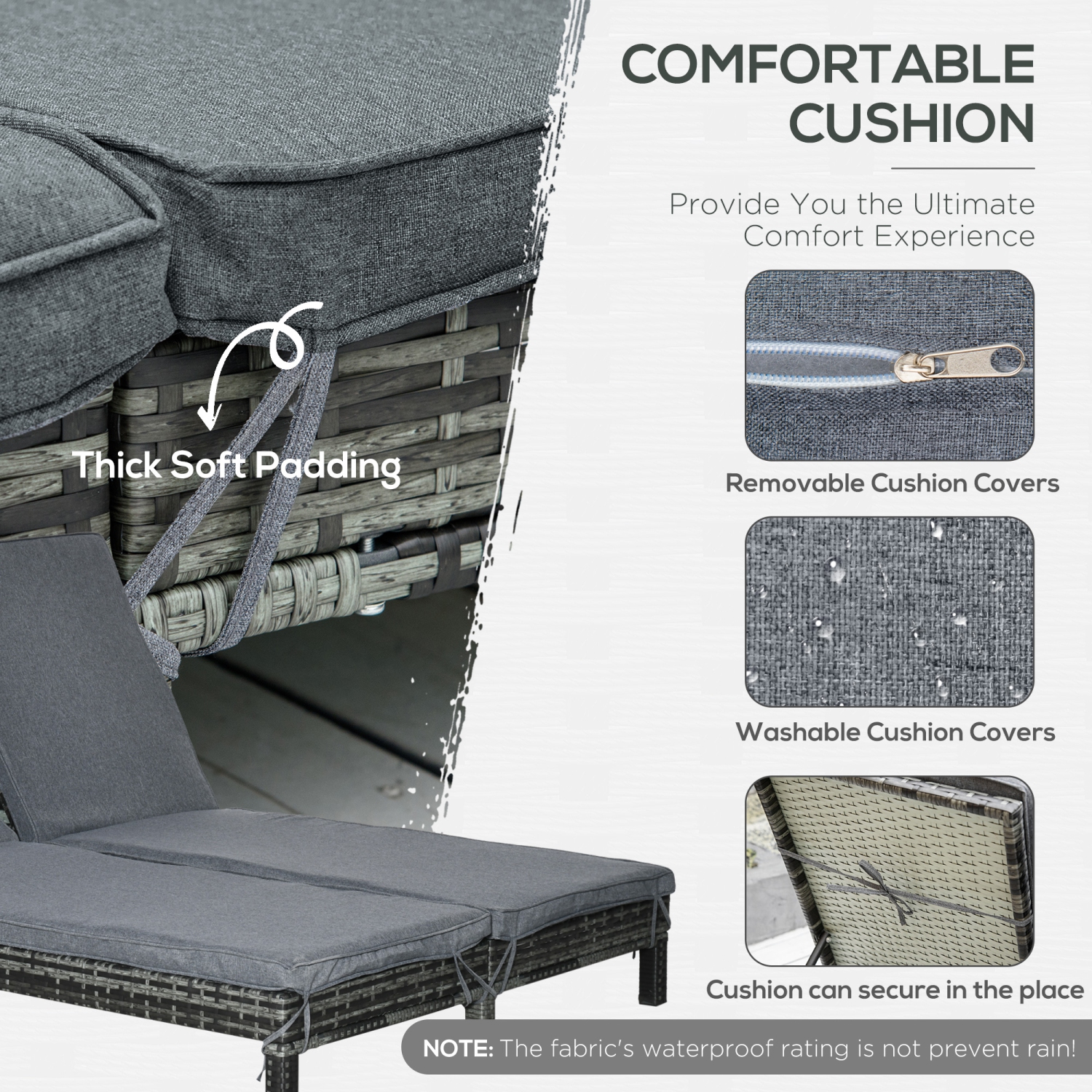 Chaise longue double Outsunny osier, fauteuil extérieur inclinable, rotin, 2 places, chaise longue, fauteuil, siège rembourré, dossier réglable,