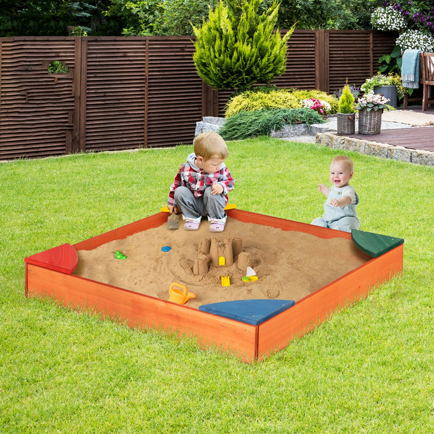 Marque Gymax Mobilier d’extérieur Bac à sable en bois pour enfants avec coins intégrés faisant office de sièges pour enfants dans la cour
